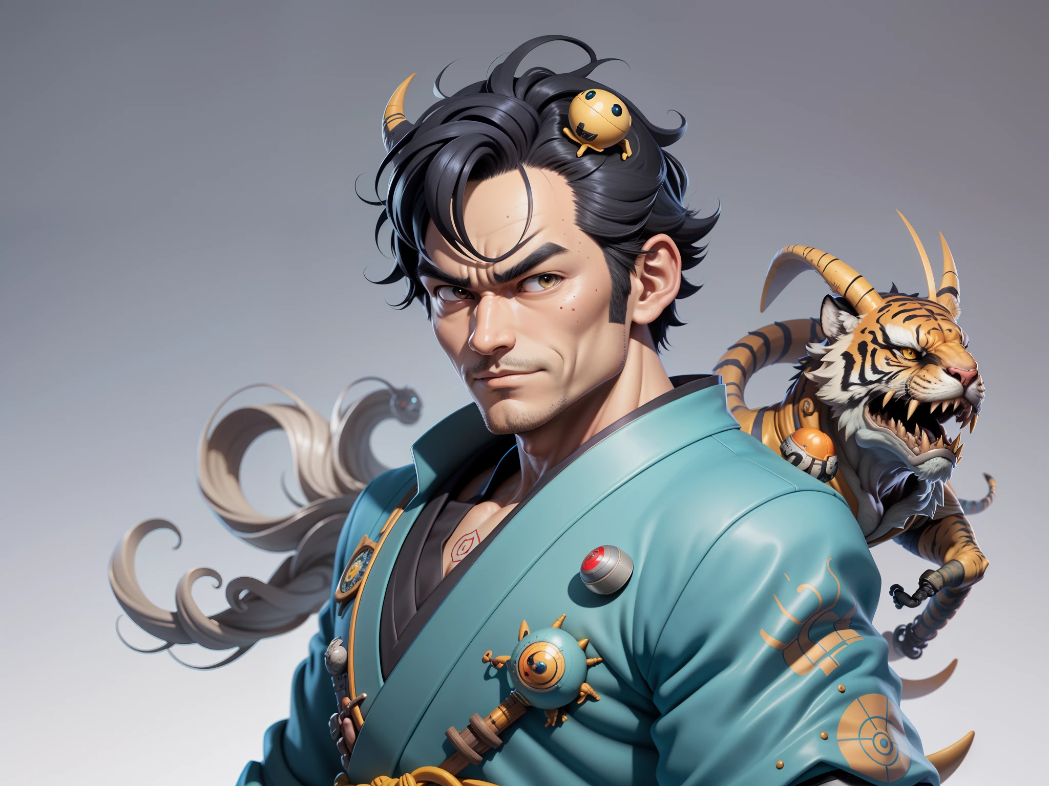 (Masterpiece), (Excellent), (Super Meticulous), (Full Body: 1.2), Super Young Man, Oriental Face, Japanese Kimono, Japanese Wind Thunder God, Dragon, Tiger, TV Anchor, Bust Portrait Illustration, Alone, Black Suit, Blue Tie, Slightly Chubby Face, Very Clean Face, No Beard, Black Super Short Hair, Black Eyes, Confident Smile, 3c Computer Sub-Products, iPad, iPhone, Digital Painting, 3D Character Design by Akira Toriyama and Mark Claireden and Pixar and Hayao Miyazaki, The illustration is a high-definition illustration in 4K resolution with very detailed facial features and cartoon-style visuals.