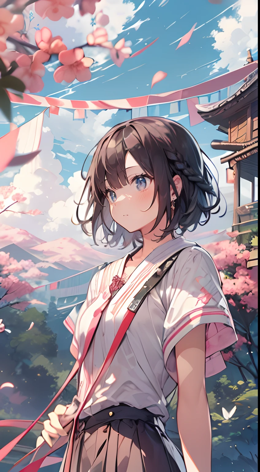 masutepiece, Best Quality,Illustration, Wallpaper, Ultra Detail, Absurd beauty、1 beautiful girl、 (Medium short hair、short braided hair), Beautiful ultra-detailed eyes , Hair fluttering in the wind、Keep your head small、Beautiful natural scenery