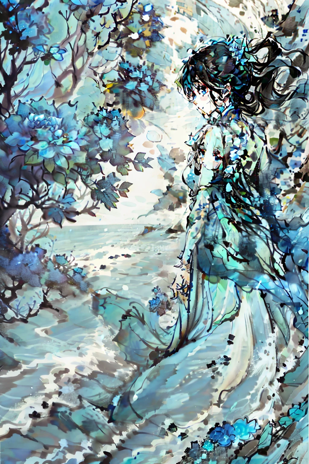 the sea，The beach is full of blue roses，Blue roses