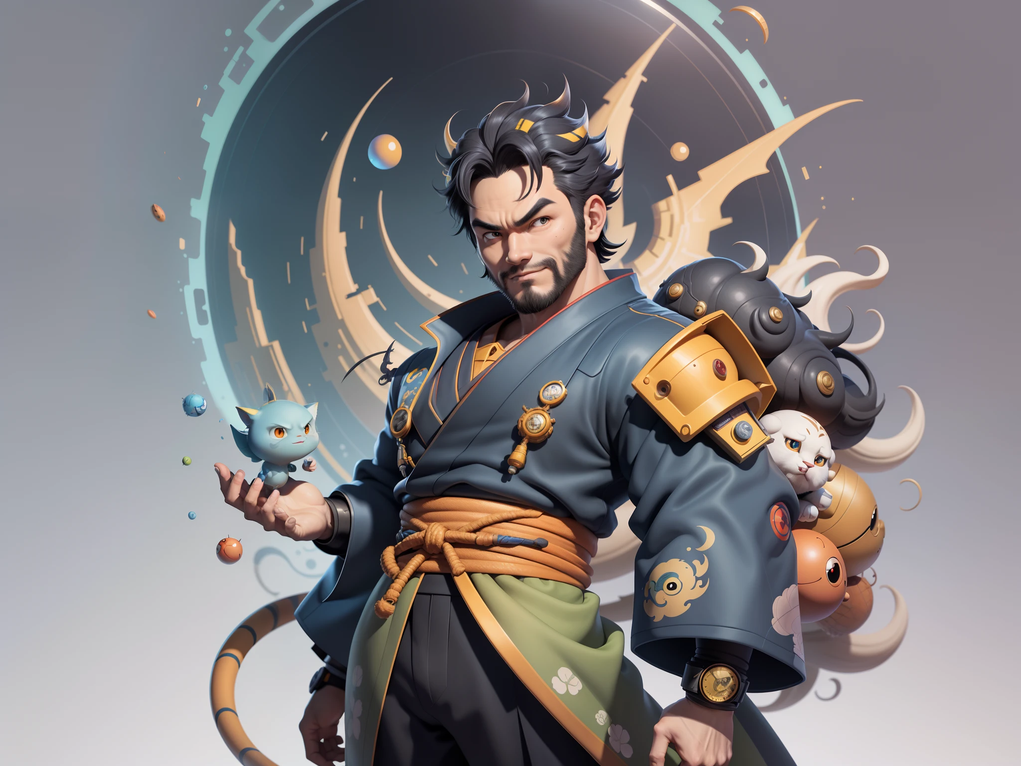 (Masterpiece), (Excellent), (Super Meticulous), (Full Body: 1.2), Super Young Man, Oriental Face, Japanese Kimono, Japanese Wind Thunder God, Dragon, Tiger, TV Anchor, Bust Portrait Illustration, Alone, Black Suit, Blue Tie, Slightly Chubby Face, Very Clean Face, No Beard, Black Super Short Hair, Black Eyes, Confident Smile, 3c Computer Sub-Products, iPad, iPhone, Digital Painting, 3D Character Design by Akira Toriyama and Mark Claireden and Pixar and Hayao Miyazaki, The illustration is a high-definition illustration in 4K resolution with very detailed facial features and cartoon-style visuals.