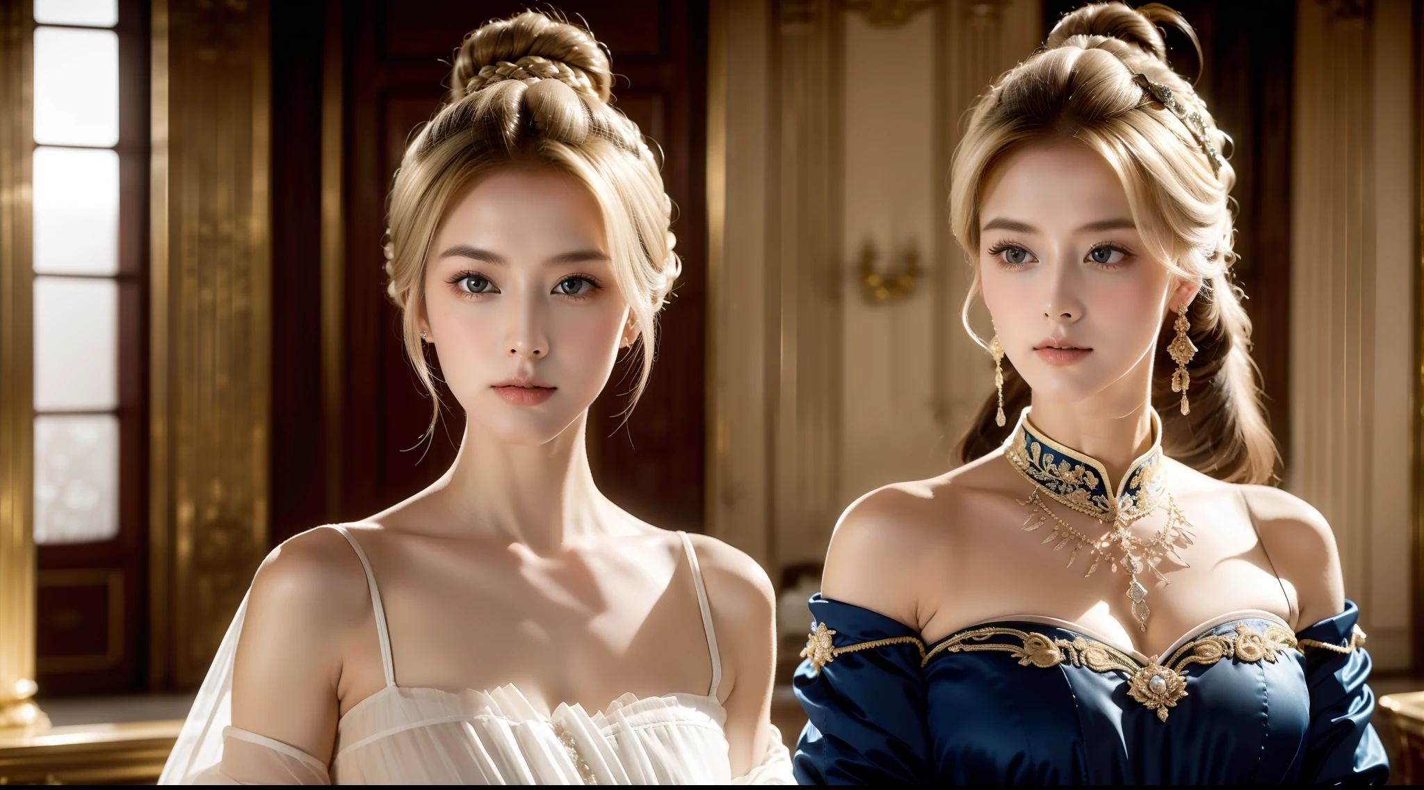 Mid-shot beauty, French, 24 years old, (Pale:1.3) skin, Empress, Blonde straight hair in bun hairstyle, Large eyelashes, Self-confident,cropped shoulders, Serious, haughty, no-makeup, Beautiful body, Intricate Victorian costumes, In the palace, victorian age