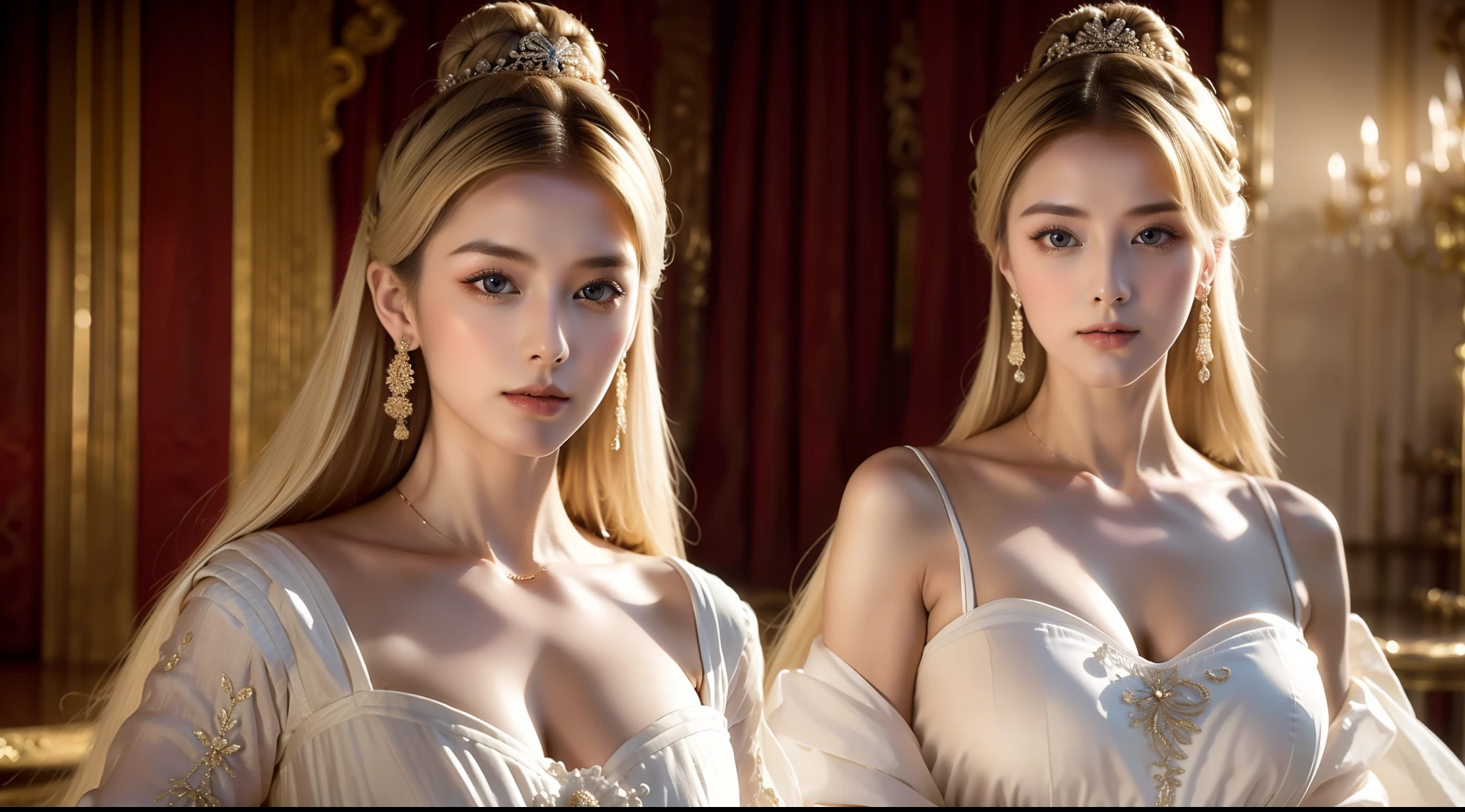 Mid-shot beauty, French, 24 years old, (Pale:1.3) skin, Empress, Blonde straight hair in bun hairstyle, Large eyelashes, Self-confident,cropped shoulders, Serious, haughty, no-makeup, Beautiful body, Intricate Victorian costumes, In the palace, victorian age