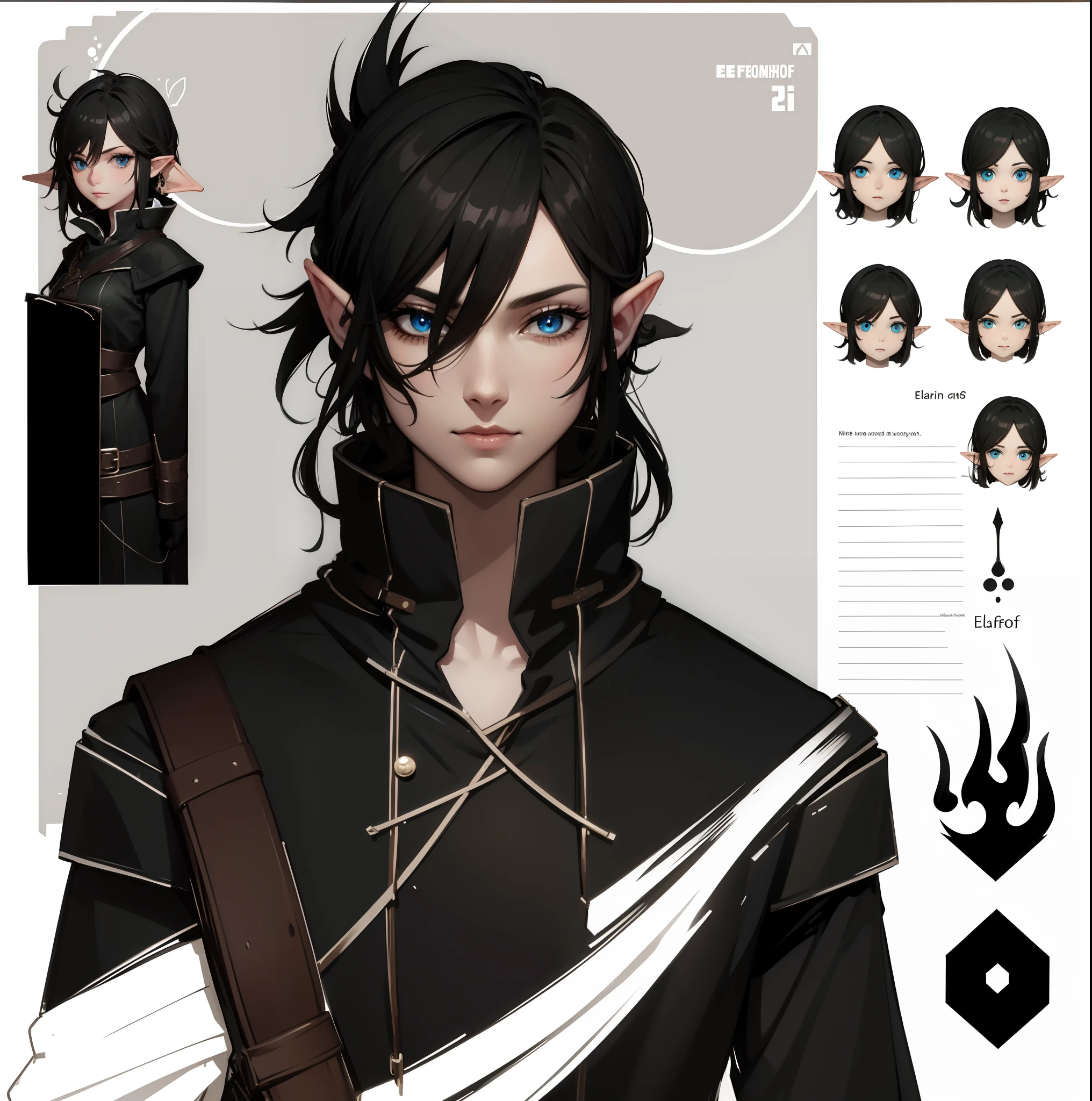 (absurdres, highres, ultra detailed), 1 male, elf adult, handsome, tall slender guy, narrow shoulders, finely detailed eyes and detailed face, messy shaggy black hair, side bangs, bangs, green eyes, sexy twink, shirtless, final fantasy 14, dog collar, model sheet, character model sheet, reference sheet, multiple poses of same character