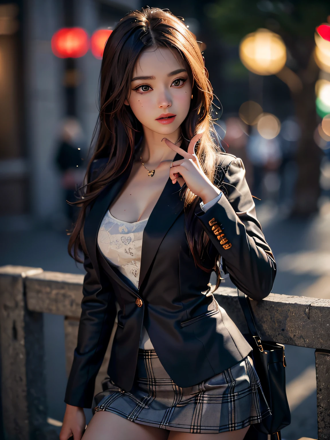 best quality, masterpiece, 1girl, Beautiful face, (photo realistic:1.3), rim lighting, (high detailed skin:1.2), 8k uhd, dslr, high quality, high resolution, 4k, 8k, Bokeh,  absurdres, best ratio four finger and one thumb, (realistic:1.3), cute 1girl, wearing black formal blazer, medium breasts, short skirt,