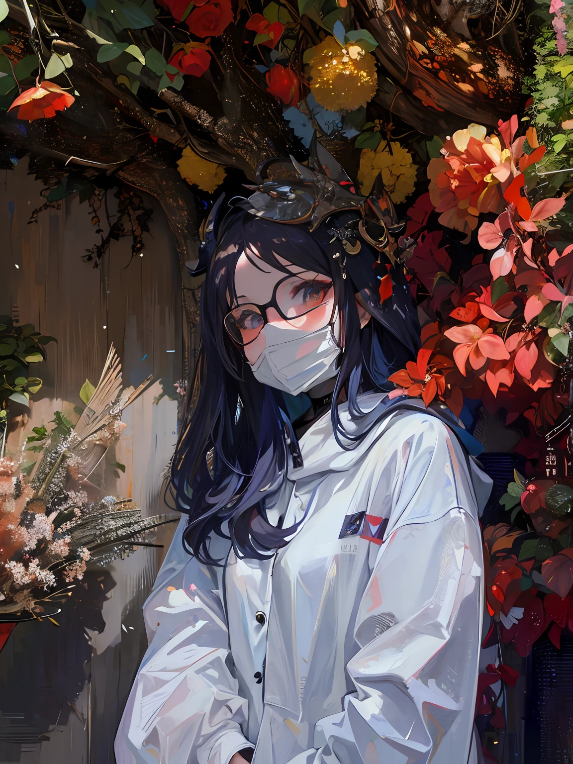 (masterpiece:1.3), best quality, official art, magazine cover, ultra detailed, 1girl, 1980s \(style\),there is a woman wearing a mask and white coat, wearing a hoodie, wearing dark glasses, wearing a mask, aesthetic lofi girl, aesthetic, wearing a plant respirator, lofi portrait, girl, aesthetic dazzling beauty, aesthetic!!, 🍁 cute, with flowers, aesthetic!, masked, lofi girl, wearing dark glasses , oval black glasses,art by [Aaron Horkey|Lisa Frank]