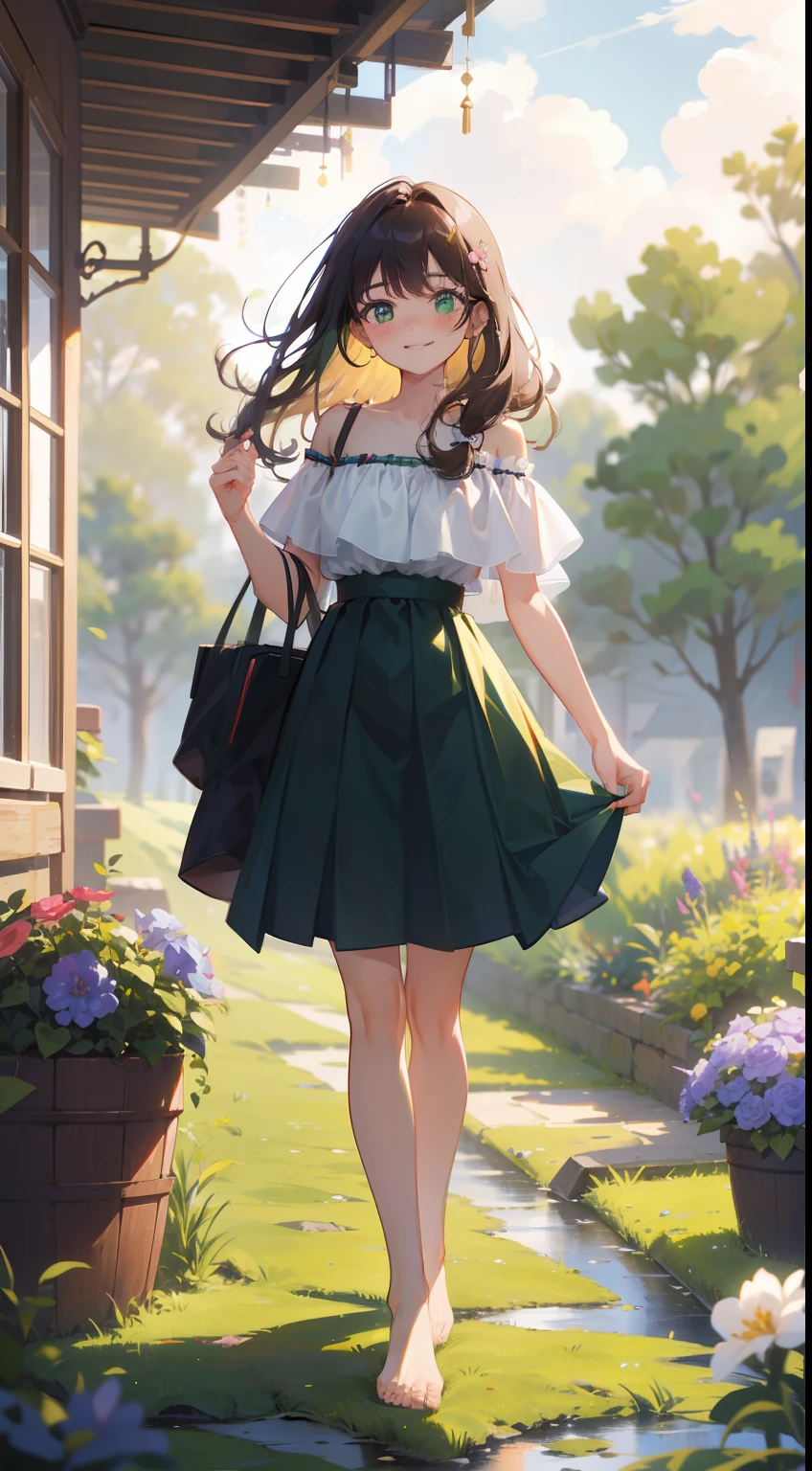 (masterpiece), (best quality), ultra high res, sharp focus, warm pastel tone, ((1 woman, solo)), detailed full body, dutch shot, beautiful detailed hair, chestnut brown hair, long hair tumbles down, beautiful detailed face, ((beautiful shape eyes, green eyes)), comfortable face, perfect feminine face, looking at the viewer, smiles, bare shoulders, feminine light long skirt outfit, standing up in the meadow of colorful flowers, bare feet