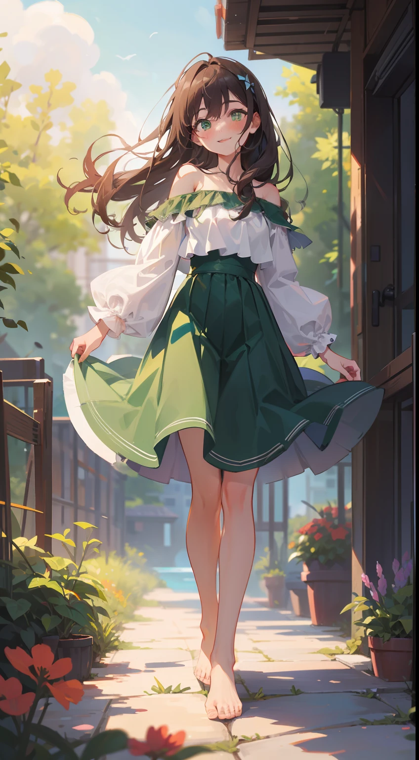 (masterpiece), (best quality), ultra high res, sharp focus, warm pastel tone, ((1 woman, solo)), detailed full body, dutch shot, beautiful detailed hair, chestnut brown hair, long hair tumbles down, beautiful detailed face, ((beautiful shape eyes, green eyes)), comfortable face, perfect feminine face, looking at the viewer, smiles, bare shoulders, feminine light long skirt outfit, standing up in the meadow of colorful flowers, bare feet