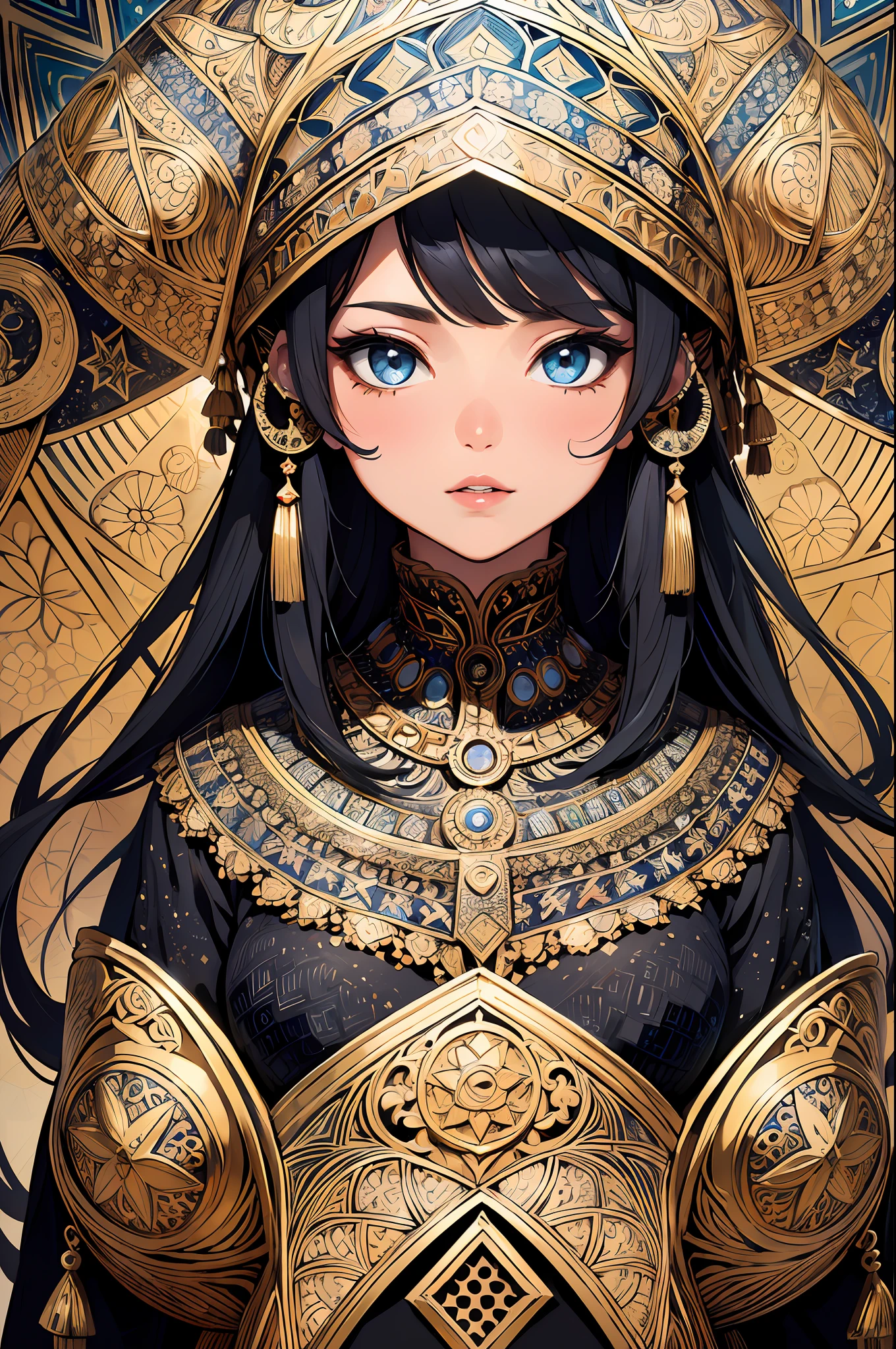 absurdres, highres, ultra detailed, (ultra-detailed background, detailed background), extremly detailed, 1girl, Central Asia islamic, North Africa Islamic, (zentangle:1.2), (Islamic geometric pattern:1.2), Fractal art, colorful, (3D)