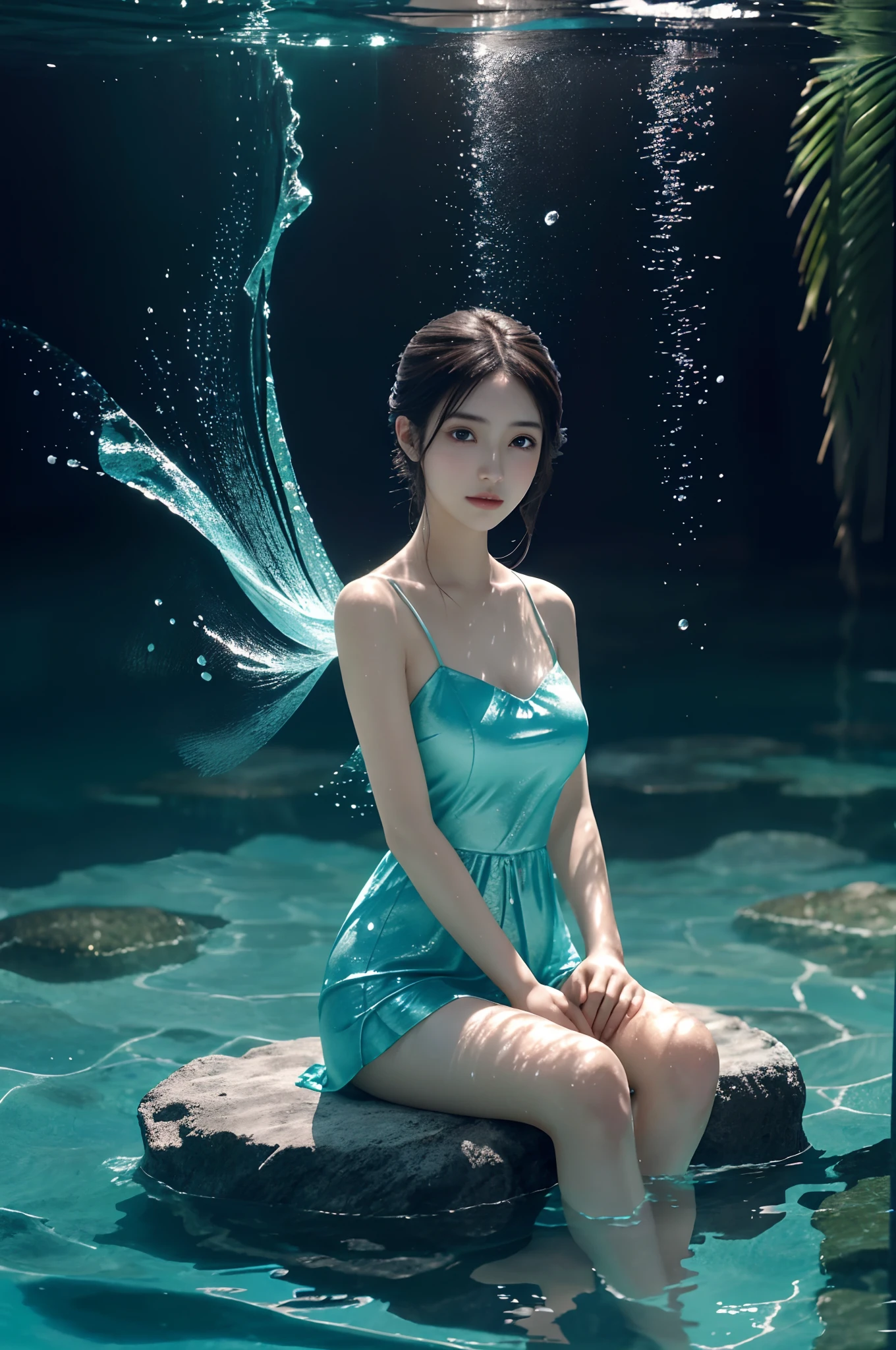 (((Face focus))),Look at the charming image of an anime girl, Sit elegantly on a stone pedestal, Surrounded by mesmerizing water particles,Dance and spin in the air around her. Creative lighting style projection is soft, An ethereal light shone on her, Her serene presence is highlighted in the watery scene. Meticulous attention to detail,And depict ultra-realistic in stunning 10K high resolution, This artwork incorporates the artistic medium of digital painting, 3D modeling, Water simulation, and particle effects. Take inspiration from anime styles, Japan woodcut, and contemporary fantasy, It captures the captivating beauty of an anime girl immersed in an oasis of tranquility in water, Water particles add extra magic and charm.