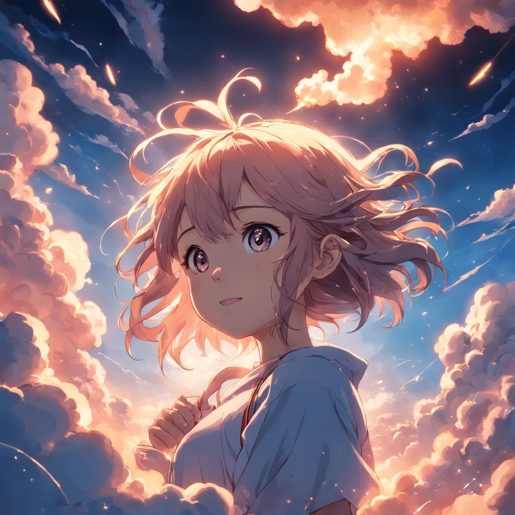 masterpiece, best quality, movie still, 1girl, cloud girl, floating in the sky, close-up, bright, happy, warm soft lighting, sunset, (sparks:0.7)