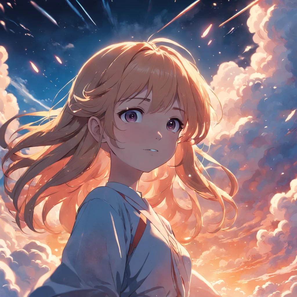 masterpiece, best quality, movie still, 1girl, cloud girl, floating in the sky, close-up, bright, happy, warm soft lighting, sunset, (sparks:0.7)