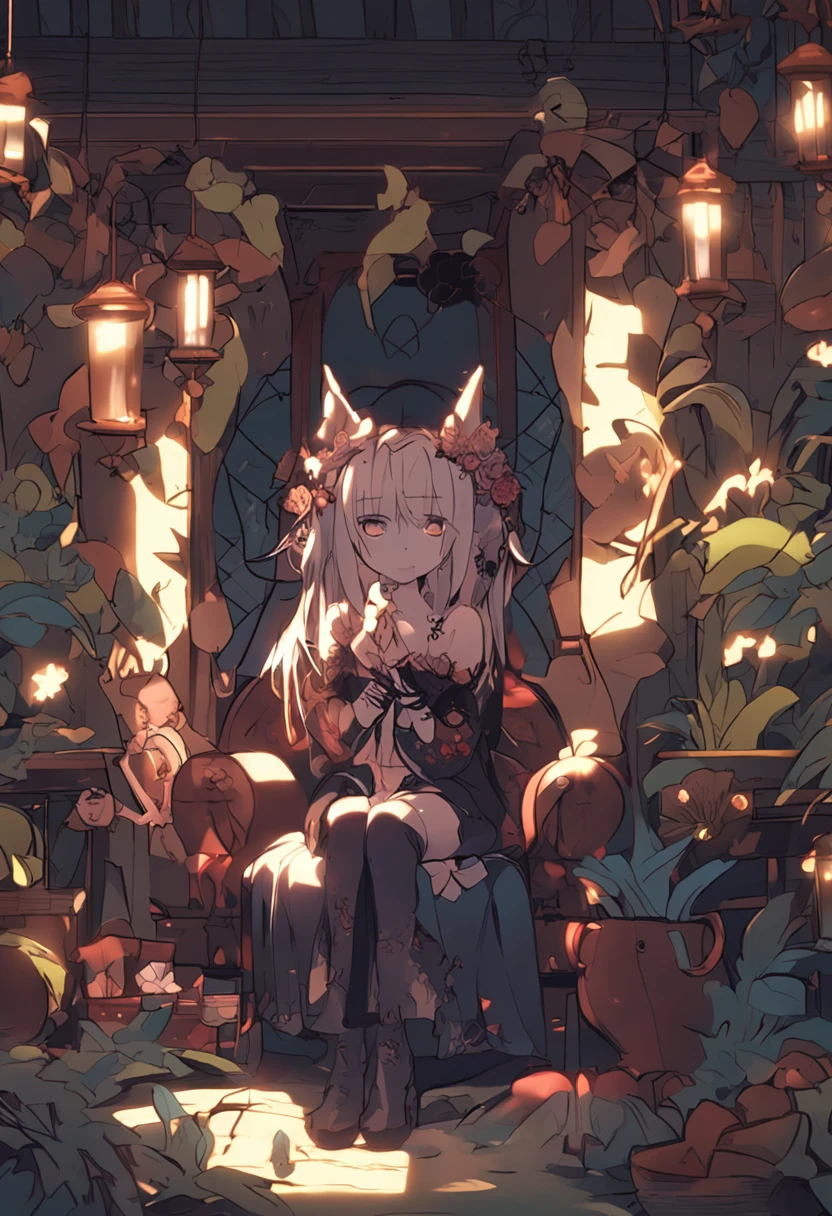 A young witch,Sit in a Kadilau chair in the background,She held a Soniste crow in her arms,8K quality,电影灯光,Evil expression,Melancholy eyes