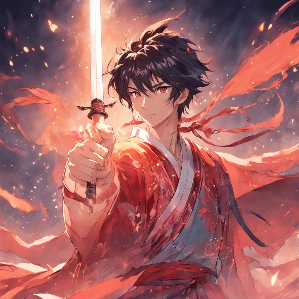The handsome face of a handsome man holding a sword in his hand wearing ancient Chinese Han clothes looks like a fairy spirit