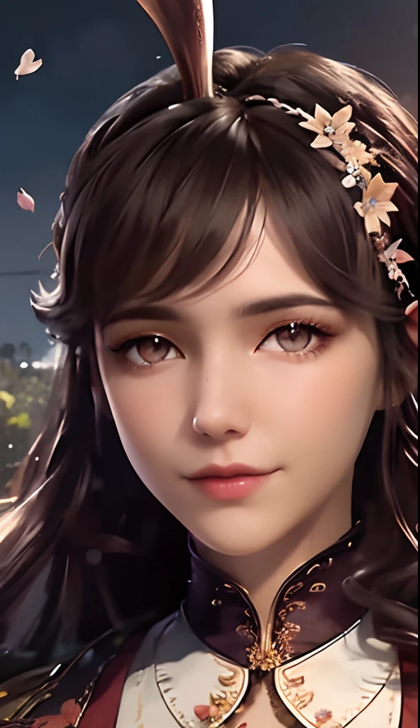 Detailed woman face looking at camera, dark- brown eyes,  masterpiece, best quality,
1girl, (colorful),(finely detailed beautiful eyes and detailed face),cinematic lighting,bust shot,extremely detailed CG unity 8k wallpaper, brown hair,solo,smile,intricate skirt,((flying petal)),(Flowery meadow)
sky, cloudy_sky, building, moonlight, moon, night, (dark theme:1.3), light, fantasy,