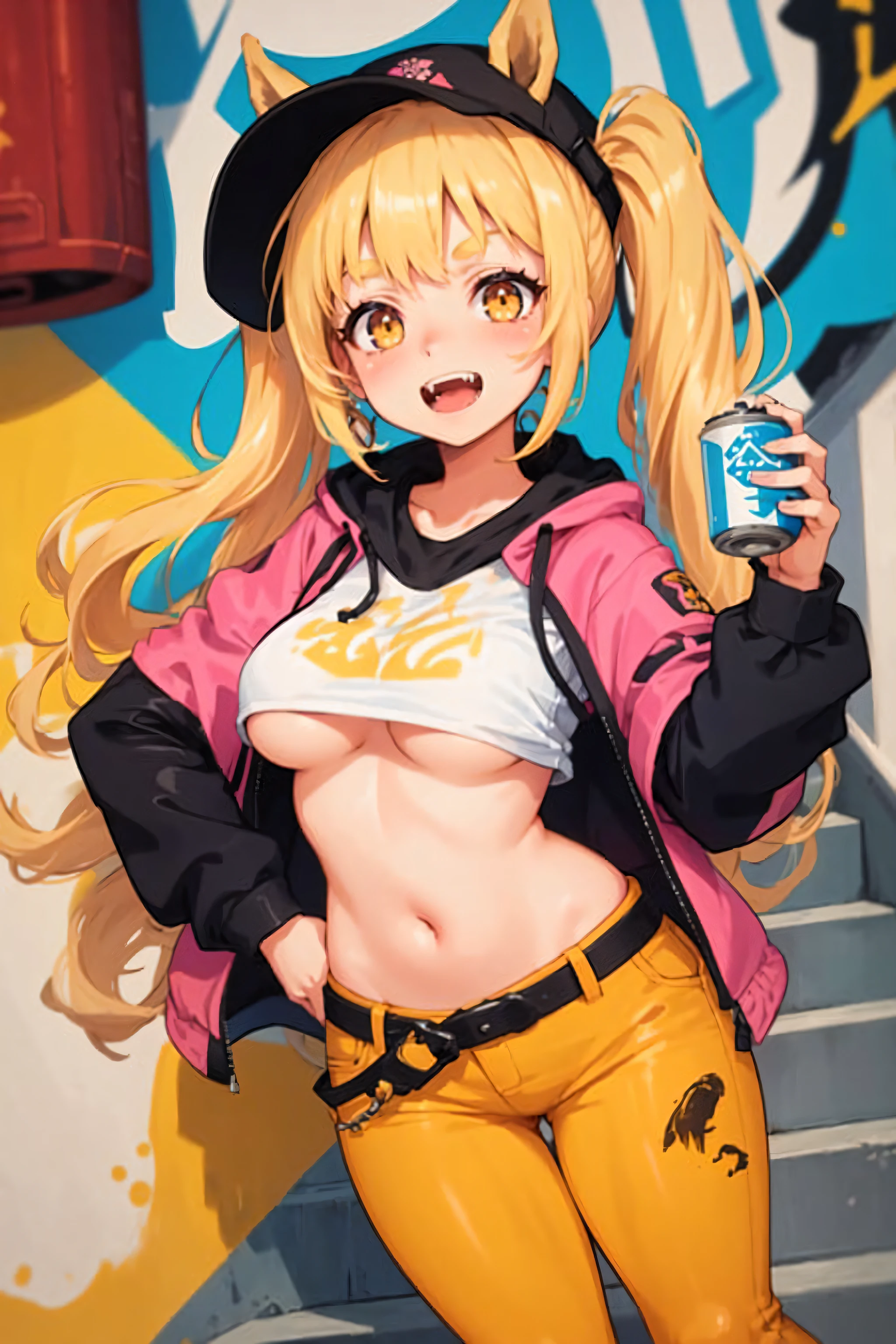 Original Character, Volumetric Lighting, Best Shadows, Shallow Depth of Field, Portrait Of Stunningly Beautiful Girl, Petite, Delicate Beautiful Attractive Face With Alluring Yellow Eyes, Messy Painted Face, Sharp Eyebrows, Broadly Smiling, Open Mouth, Fangs Out, Lovely Medium Breasts, Layered Long Twintail Blond Hair, Blush Eyeshadow, Thick Eyelashes, Applejack Hat, Oversized Pop Jacket, Mini Underboob Tee, Open Navel, Slim Waist, Denim Jeans Pants, With Buckle Belt, In The Graffiti Alley, Waste Container, Outside Stairs, Outdoor Unit, Holding Spray Paint Can, Standing, (Highest Quality, Amazing Details:1.25), (Solo:1.3), Brilliant Colorful Paintings