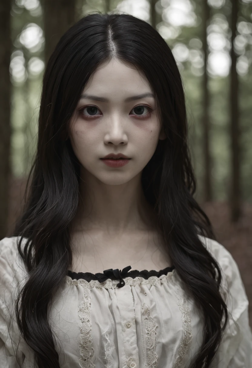 ("Sadako"),darkly,Terrifying souls,Pale face,Black hair,Large mouth of blood,Spooky atmosphere,An air of terror
