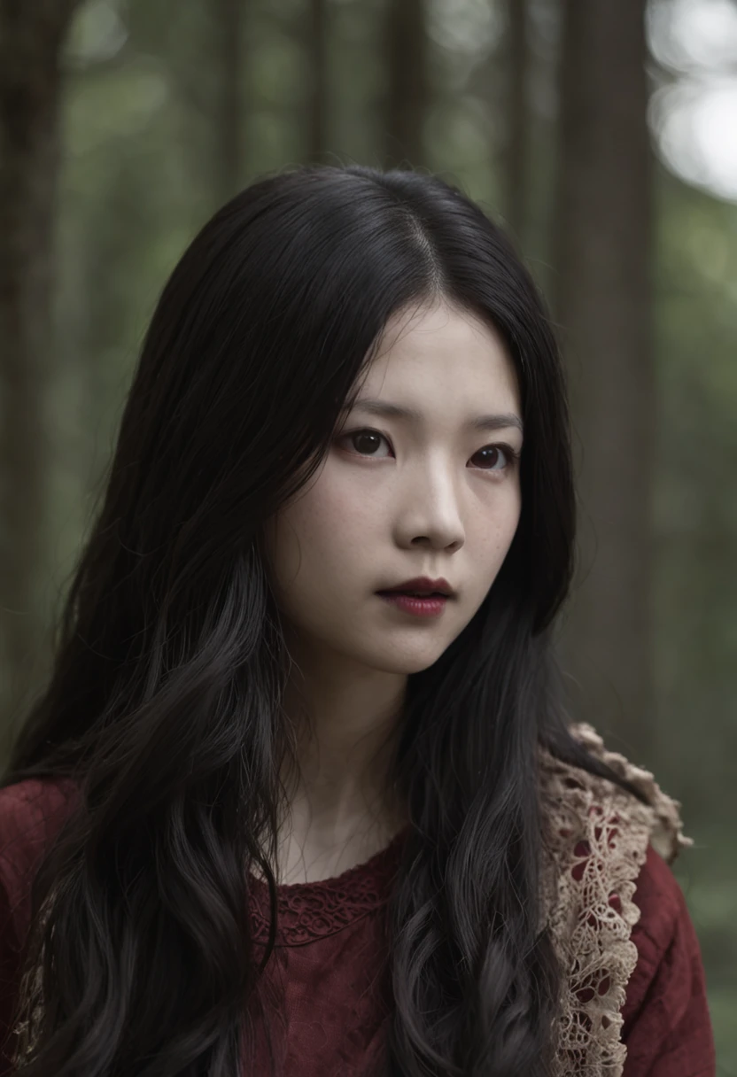 ("Sadako"),darkly,Terrifying souls,Pale face,Black hair,Large mouth of blood,Spooky atmosphere,An air of terror