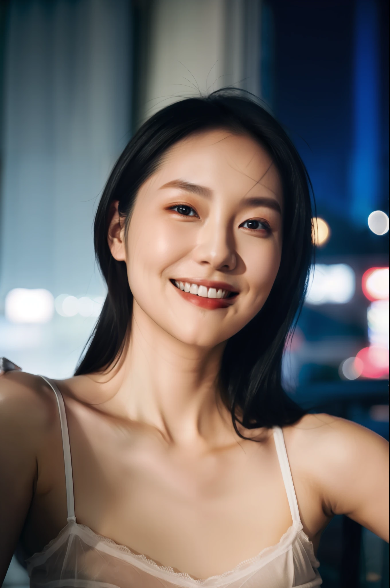 "1girl, stunning idol with a captivating smile, in a mesmerizing film-like photo with perfect depth of field, highlighting her delicate facial features, skinny frame, beautiful collarbone, and sparkling teeth. She captures the essence of a movie star in her chic camisole, taking a mesmerizing selfie under the enchanting night sky."