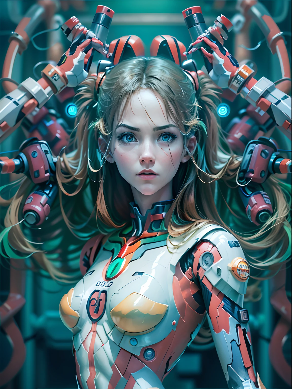 (masutepiece, Humanoid robot with complex machinery:1.3), (Captivating depiction of a robot in the form of a human woman:1.2), (Meticulously crafted to showcase the fusion of technology and aesthetics:1.2), (The body of the robot is、Consists of a simple and complex design, Blue or black titanium parts:1.1), (Wires intricately interweave the frame to form a mechanical circulatory system:1.1), (Strategically positioned porcelain plates to protect critical components:1.1), (Human-like head with a perfectly symmetrical face:1.1), (Thick and dark eyebrows surround expressive features:1.1), (Hair styled in stunning upsweep fashion, Vibrant shades of blue:1.1), (Set in a scientific laboratory, Focus Lighting Robot:1.1), (A spotlight that highlights the complexity of its machines and the beauty of their design:1.1), (Meticulous attention to gear details, wires, and Components:1.1), (A depiction that captures the harmonious fusion of humans and technology:1.1), (A sense of wonder and innovation represented by the creation of robots:1.1), (Images that inspire reflection on the future of human-machine interaction:1.1), (Precision meets aesthetics、Artwork that creates captivating and thought-provoking compositions:1.1)), Cinematic, ultra-detailliert, Insane details, Beautifully color graded, Unreal Engine, degrees of freedom, Hyper-Resolution, Megapixel, cinematic lightening, Anti-aliasing, FKAA, TXAA, nffsw, SSAO, post processed, Post Production, Tone Mapping, ....CGI, VFX, tokusatsu, insanely detailed and intricat, Hyper maximalist, Hyper realistic, Volumetric, Photorealistic, ultra photoreal, Ultra-detailed, Intricate details, and draw the full body