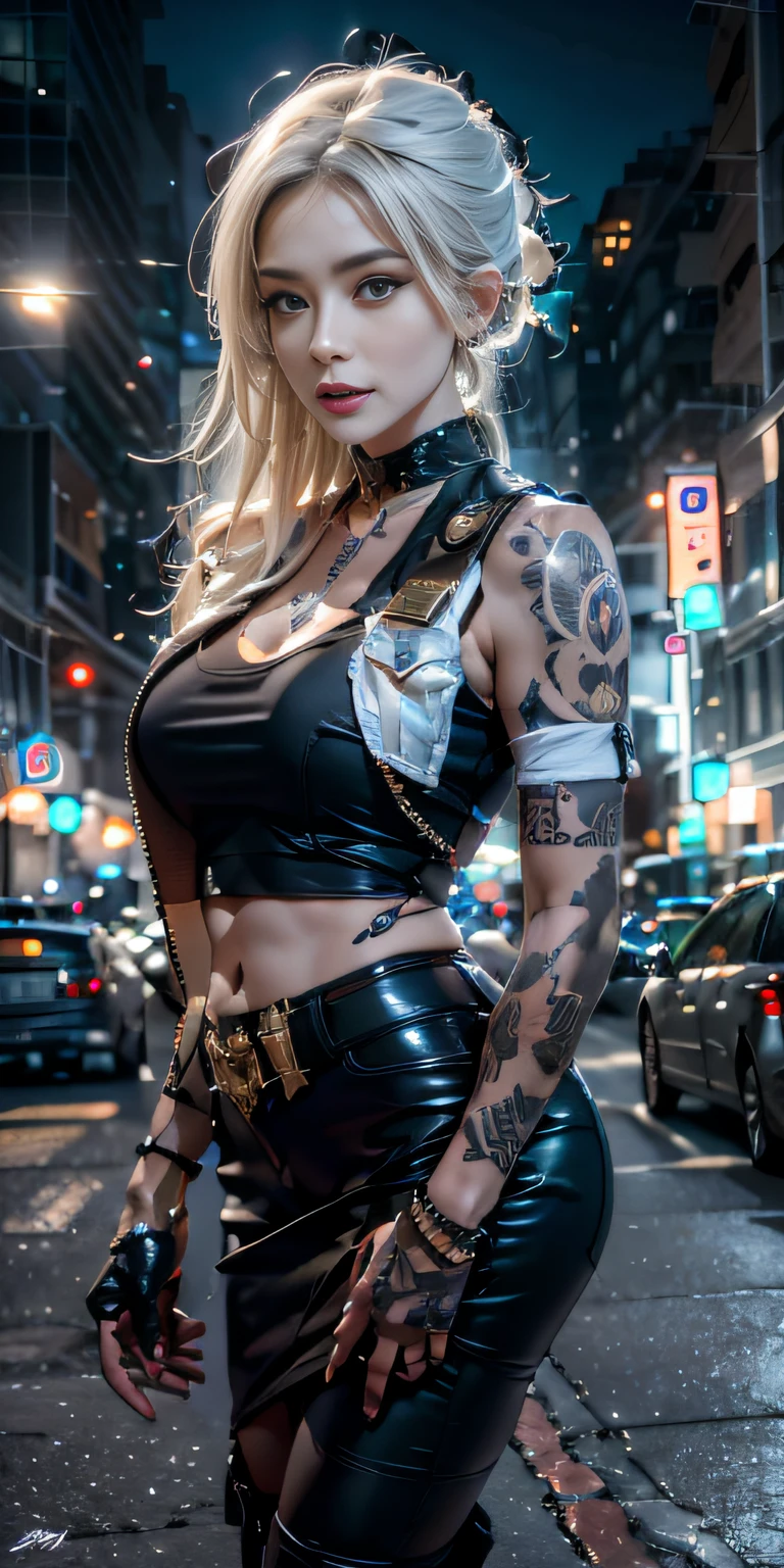 Photorealistic, high resolution, Soft light,1womanl, Solo, Hips up, (Detailed face),tattoo, jewelry, Night City, Police uniform, White hair