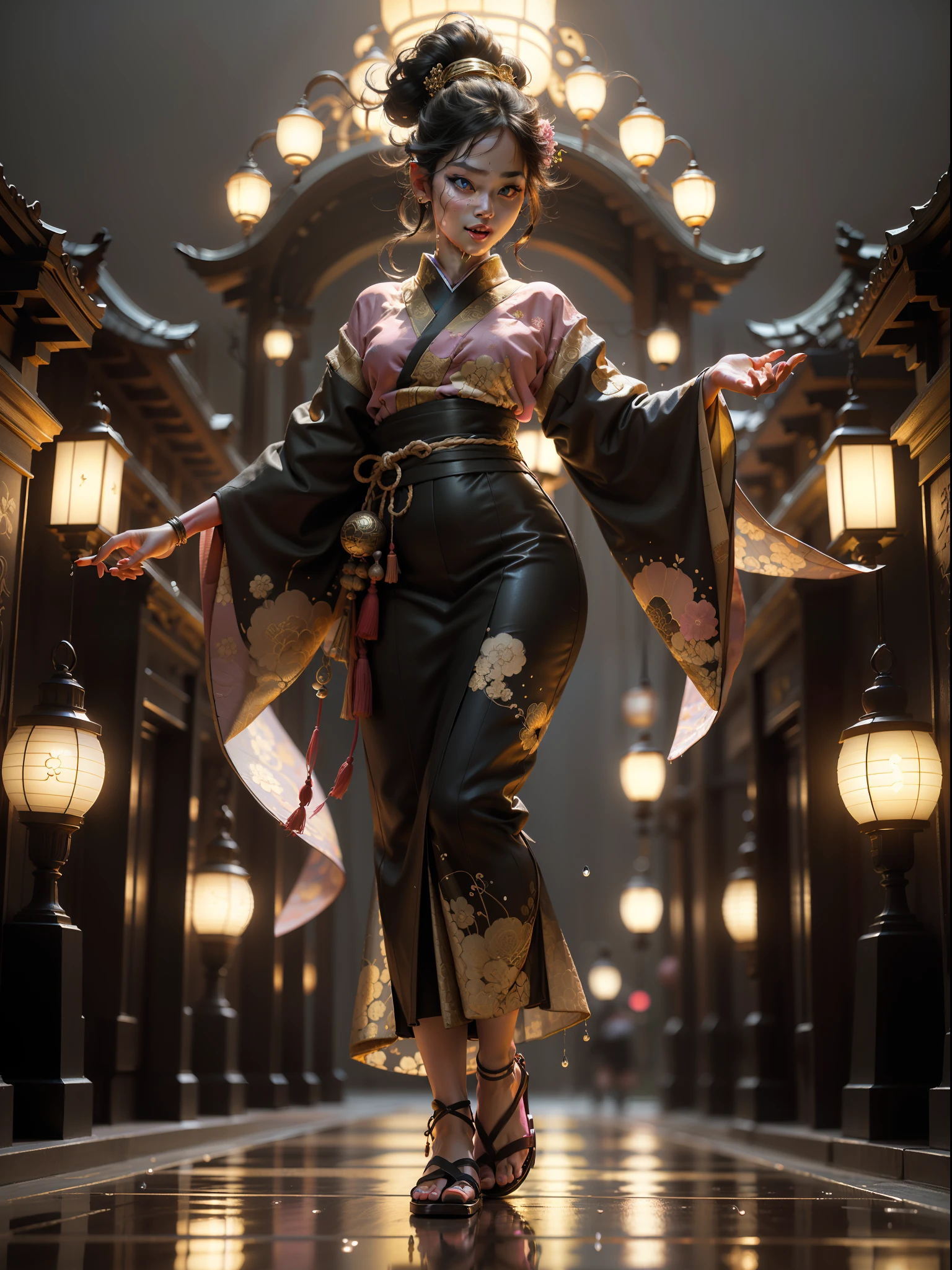 ((professional 3d render)), ((Realistic)), (((Japanese ethnic dress))) female warrior, three-dimensional art objects, cute seduction, (((big blue eyes, thin pink lips, thin nose, long black wet hair))), open mouth while smile, emphasizing slender abs, Detailed eyes, passionate body, high-ponytail hair style, / shoulders exposed, / decorated arm sleeve, wear arm cyberpunk sleeve, wear tight Fishnet Stockings, strappy sandals/ extremely detailed,((fractal art)), colorful, highest detailed,((zentangle)), (dynamic pose), ((many colors)), location garden with riverside and rock or temple or bridge, night lantern, colorful abstract on outfit, Figure, blind box, ( Disney style), high qulity, high detail, (super-fine), 16K resolution, (Macro lens), ((Master's work)),((full body view)),(Basic diagram model),(Traching),gold, ((Dominated color gold, black))