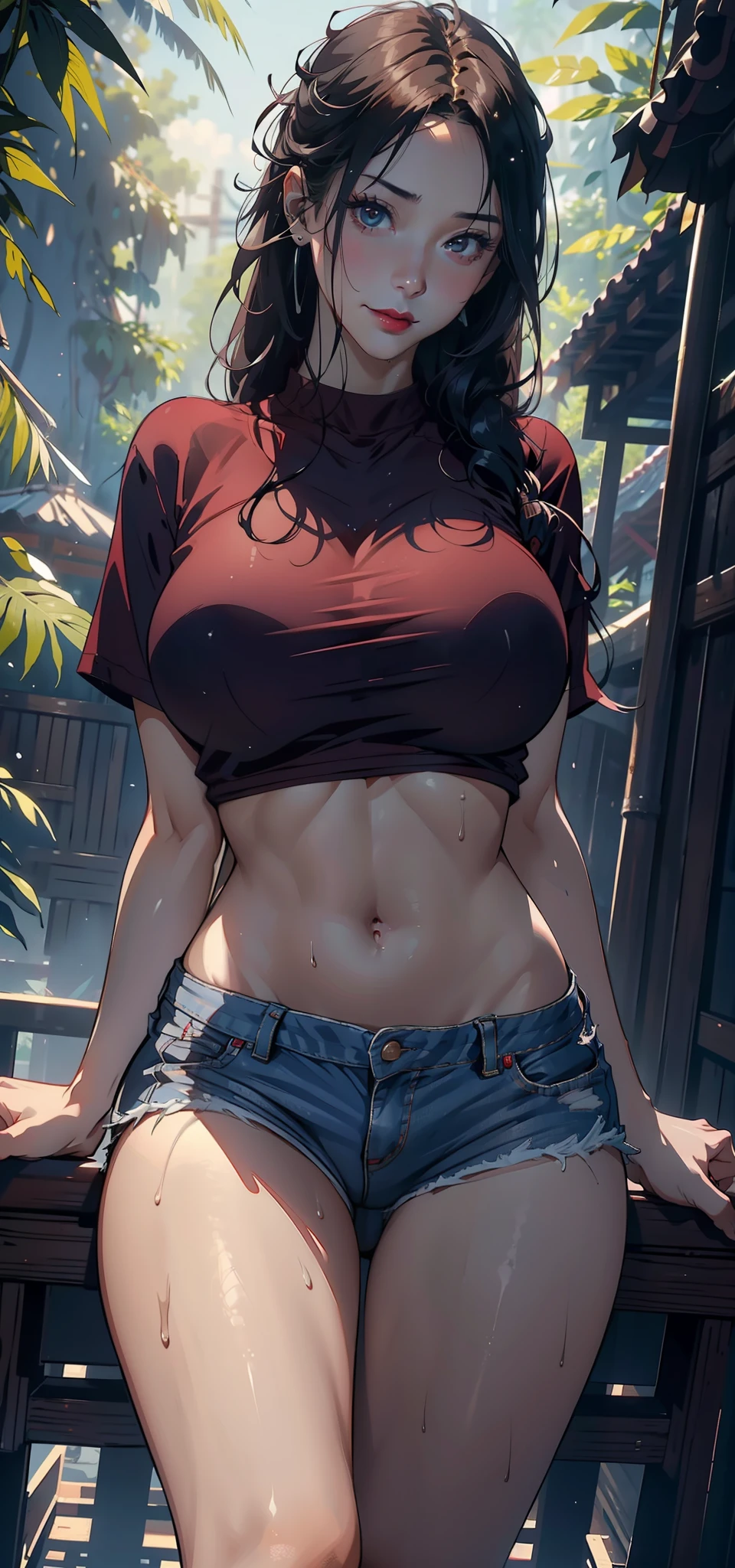 1female，36 years old，熟妇，mature，Bigchest，Big breasts Thin waist，slenderlegs，long leges，Busty and sexy，Pornographic exposure， 独奏，（Background with：bamboo forrest，clubs） She has long pink hair，standing on your feet，Sweat profusely，drenched all over the body，seen from the front， hair straight， mostly cloudy sky，（（（tmasterpiece），（Very detailed CG unity 8K wallpaper），best qualtiy，cinmatic lighting，detailed back ground，beatiful detailed eyes，Bright pupils，（Very fine and beautiful），（Beautiful and detailed eye description），Black eyes，Redlip，ultra - detailed，tmasterpiece，）），facing at camera，A high resolution，ultra - detailed），revealing breasts，Bare genitalia，  Bulge，legs are open，sexyposture，Camel toes，Flushed complexion，Smile，frontage，（Wearing：Red baseball shirt，Slave collars，Sexy denim shorts，athletic sneakers）