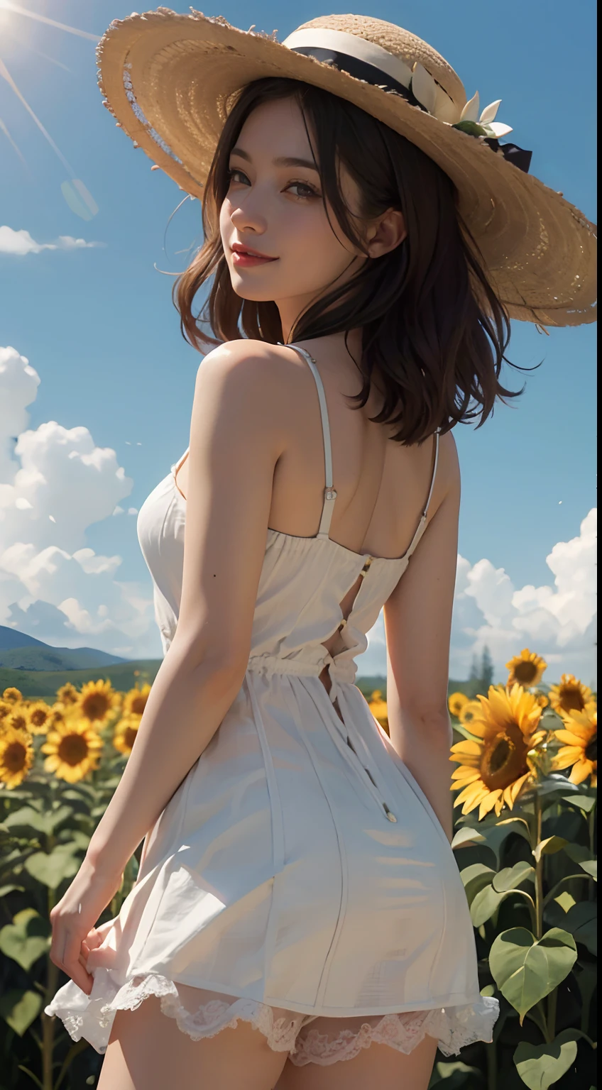 Unbeatable masterpiece, Ultra photo realsisim, Perfect artwork, Intricate details, Best quality, Strong light,High contrast, Sunflower field , cute kawaii girls ,(Sweat:0.5) , arms back behind , White knee-length camisole dress , Straw hat , Smile,Strong light , Sunlight , Wind , Summer sky ,incoming , Attack , Magic effects , Fireworks .light bloom , Lens flare , (far from viewer:1.1), High quality , Best , high resolution , best qualtiy , Award-Awarded , Highly detailed .ultra extreme details , Masterpiece ,