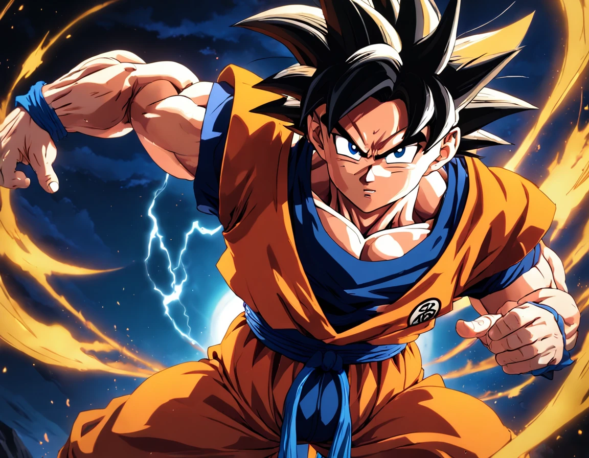 "(Goku como Yoshikage Kira), Perfect blend between two iconic characters, realistic and detailed animation style, lighting dramatic, Traje exclusivo de Kira com detalhes adicionais de Goku, Pose intimidadora, fundo escuro e misterioso, aura de poder marcante."