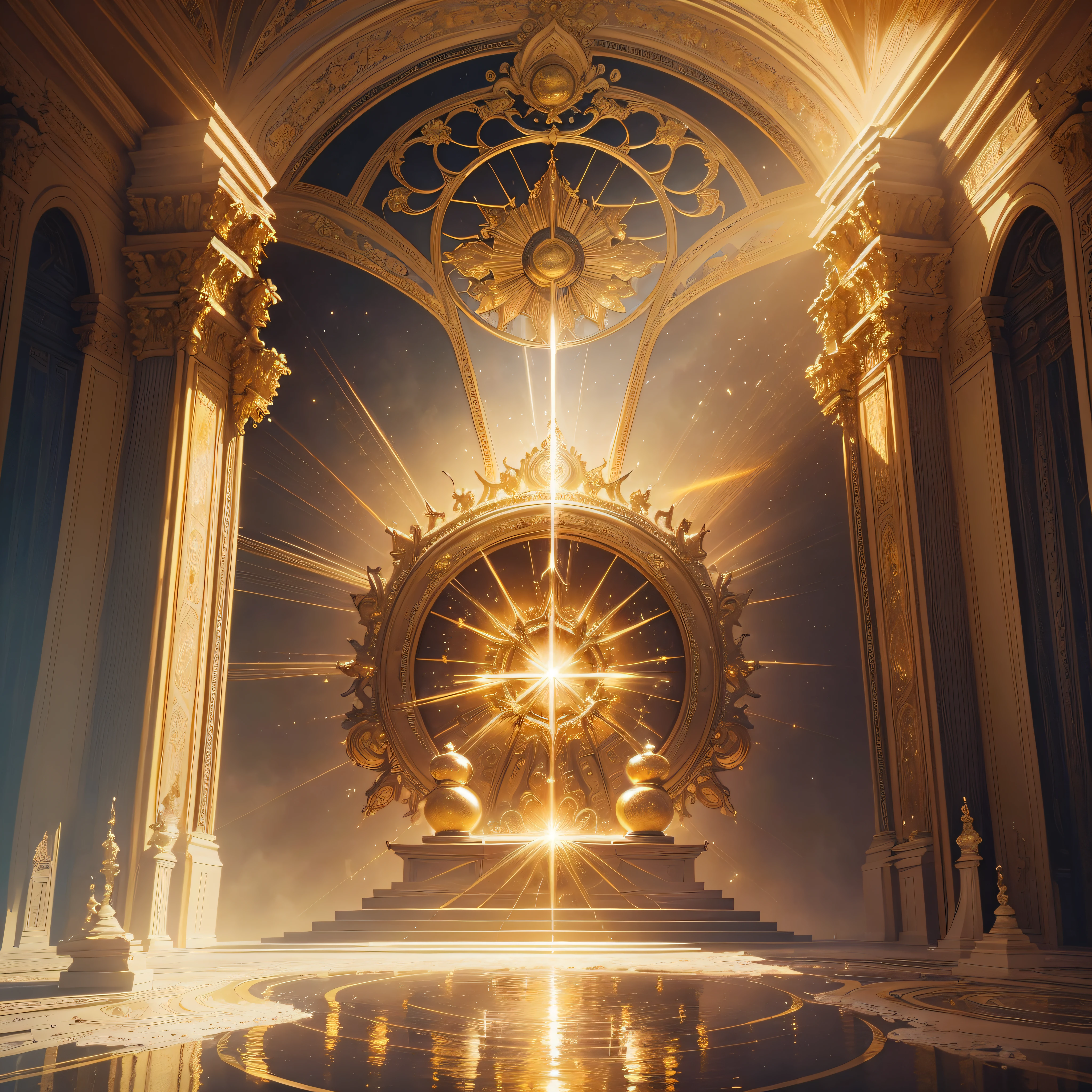 (masterpiece, best quality, ultra-realistic), God's throne room, high resolution, divine warmth, dazzling light, serene aura, magnificent aura, god (embodiment of power:1.2), glorious, surreal, powerful, (emitting light:1.3), (gleaming:1.2)