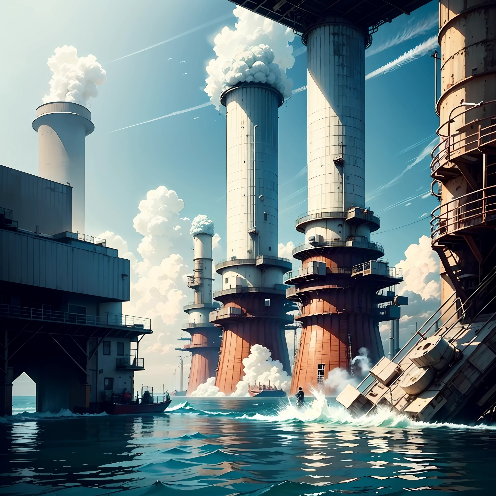 tmasterpiece,HighestQuali,Super A resolution,Best contrast,best detail,Anime style,2.2D,Eschatological,Repressive atmosphere,Islands in the distance,Huge complex,nuclear power plant, Black smoke rose from the chimney,Huge pipes were laid on the ground,A pipe protrudes from a huge building parallel to the ground,Stretch below the surface of the sea,Polluted seawater,Fish and shrimp died,Floating on the surface of the sea,The sea water is polluted