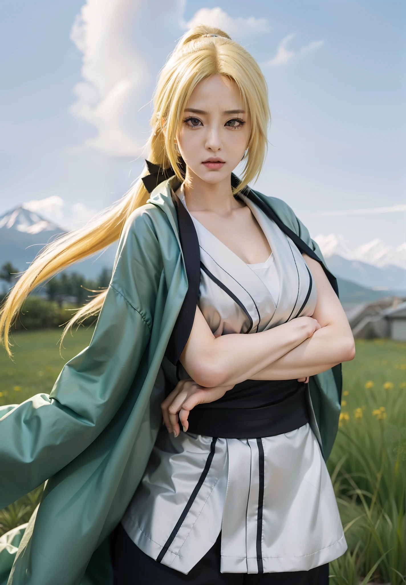 real Life adaption of this character,her name is Tsunade senju from anime naruto ,hyper realistic ,very realistic detailed yellow hair, high resolution, photorealistic,very detailed,very realistic outfit, Japanese face,detailed shining eyes, calm expression,realism,very realistic,detailed eyes,detailed face