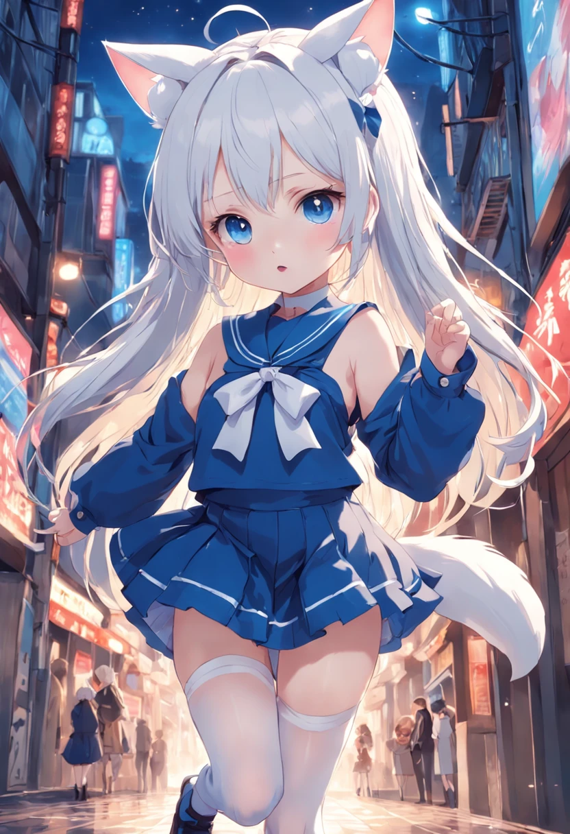 with white ears and a cat's tail wears a small skirt,Lift the skirt with your hands,Has blue eyes,Wear white stockings on the legs,Being touched on the head with their hands