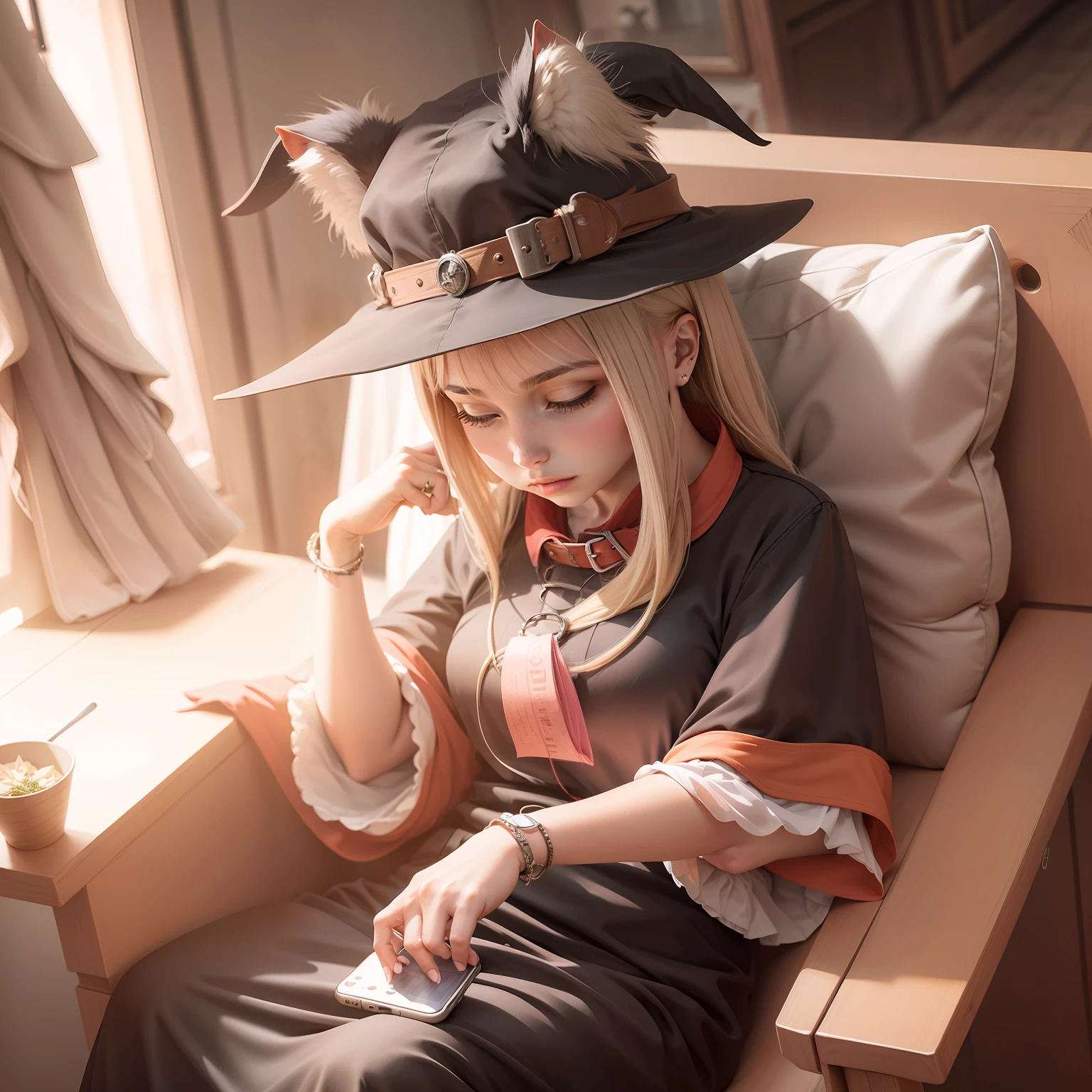 The witch sat in a chair,There is a crow in the phone