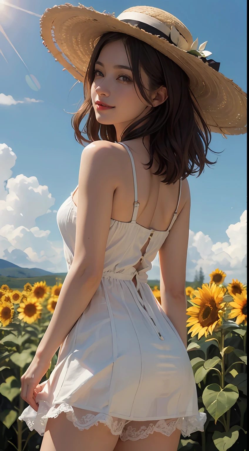 Unbeatable masterpiece, Ultra photo realsisim, Perfect artwork, Intricate details, Best quality, Strong light,High contrast, Sunflower field , cute kawaii girls ,(Sweat:0.5) , arms back behind , White knee-length camisole dress , Straw hat , Smile,Strong light , Sunlight , Wind , Summer sky ,incoming , Attack , Magic effects , Fireworks .light bloom , Lens flare , (far from viewer:1.1), High quality , Best , high resolution , best qualtiy , Award-Awarded , Highly detailed .ultra extreme details , Masterpiece ,