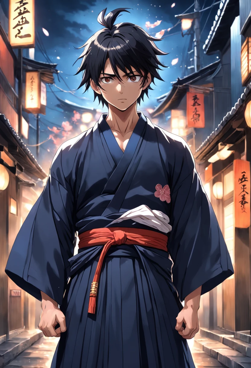 Um Homem musculoso com Kimono Hakama com suas mangas rasgadas, usando uma ombreira no ombro direito totalmente preto, with a Big Dark Handkerchief around his neck, com uma capa preta rasgada sendo puxado pelo vento, com cabelos brancos , sem mostrar o rosto, with bandages on his hands and arm.