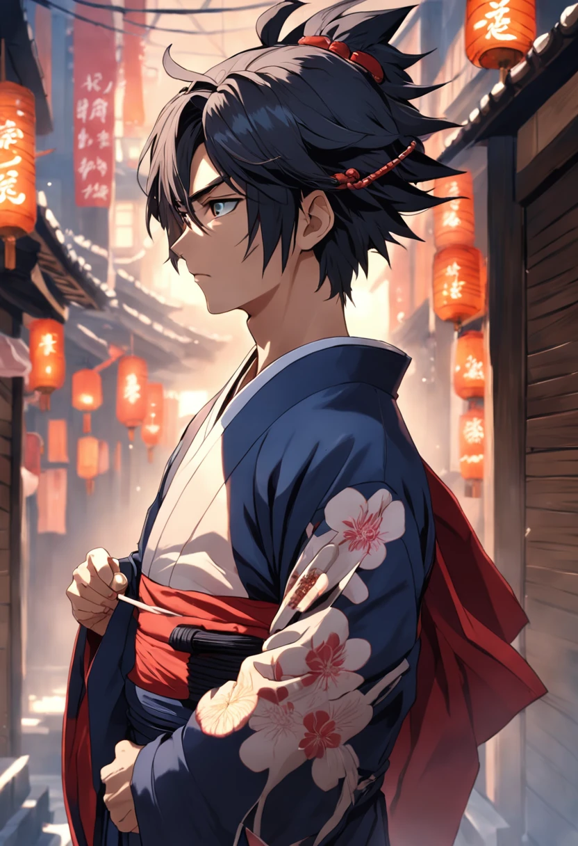 Um Homem musculoso com Kimono Hakama com suas mangas rasgadas, usando uma ombreira no ombro direito totalmente preto, with a Big Dark Handkerchief around his neck, com uma capa preta rasgada sendo puxado pelo vento, com cabelos brancos , sem mostrar o rosto, with bandages on his hands and arm.