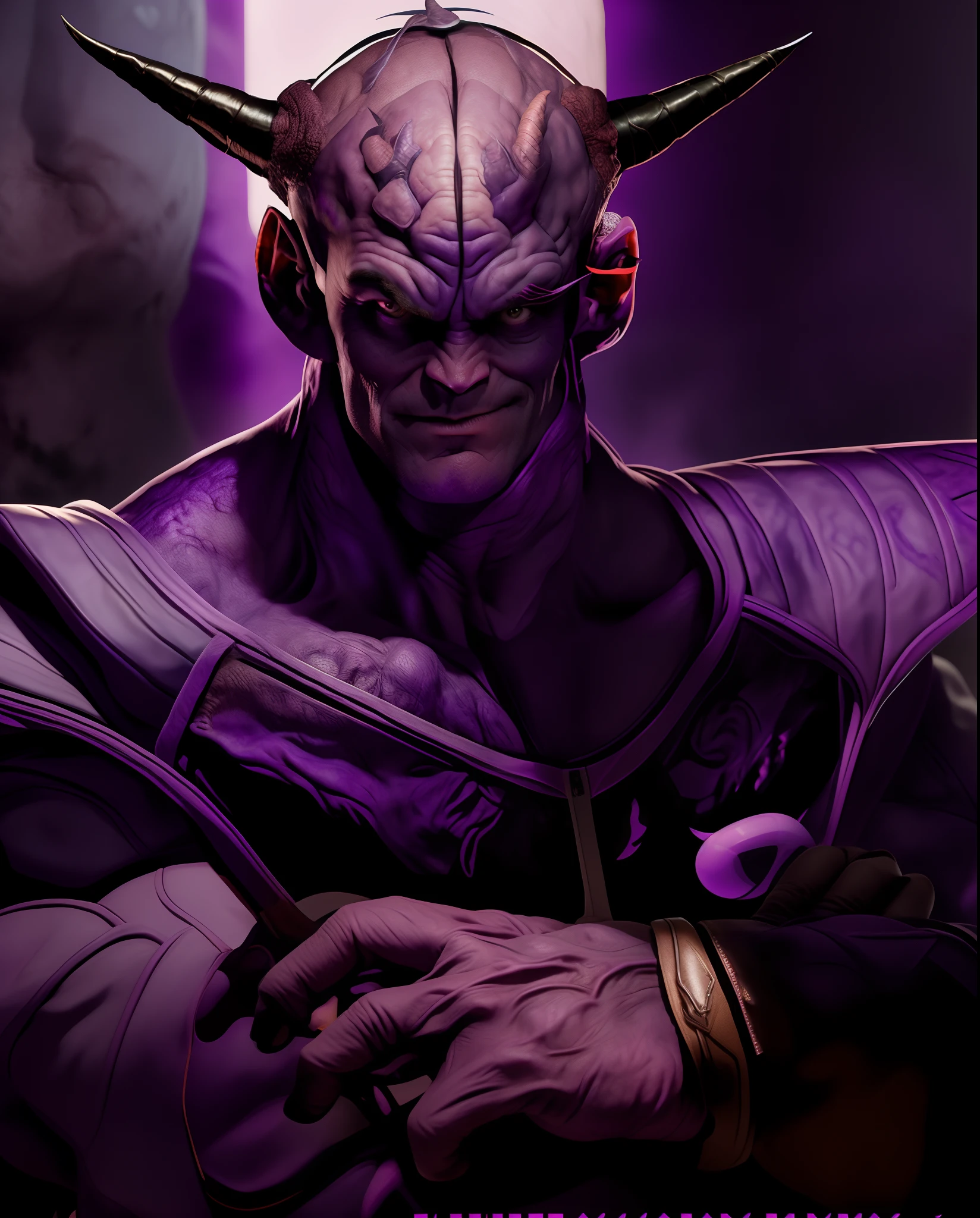 Jim Carrey cast as a purple bald alien with purple skin and big black horns, big bald veiny brain, sayan armor