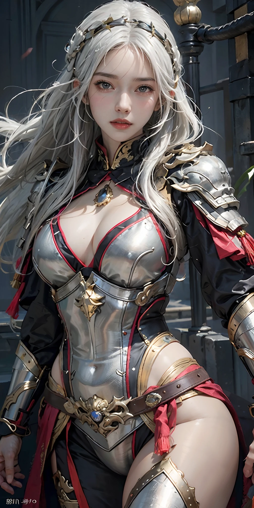 photorealistic, high resolution, soft light,1women, solo, hips up, shining skin, (detailed face), Chinese armor, full armor, white hair