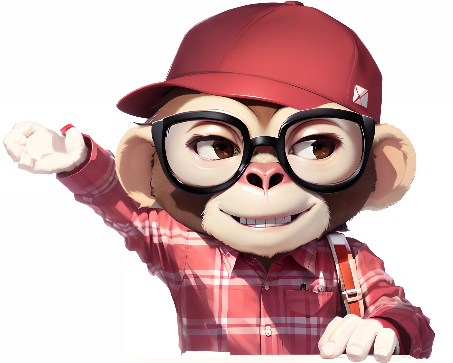 Close-up of a monkey wearing a hat and glasses,Red and white plaid shirt Humanoid monkey,A kind smile , Hold up your iPad,