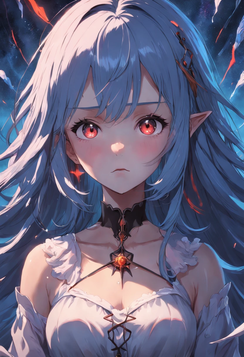 ((1girl)), stone blue hair, short hair, ((HAIR OVER LEFT EYE)), (small ahoge), elf ears, angel wings, (pink eyes), high quality, dim, dramatic lighting, focus on face, ((looking away from the viewer)), serious expression, dark atmosphere, (fisheye), (blood on cheek), injuries