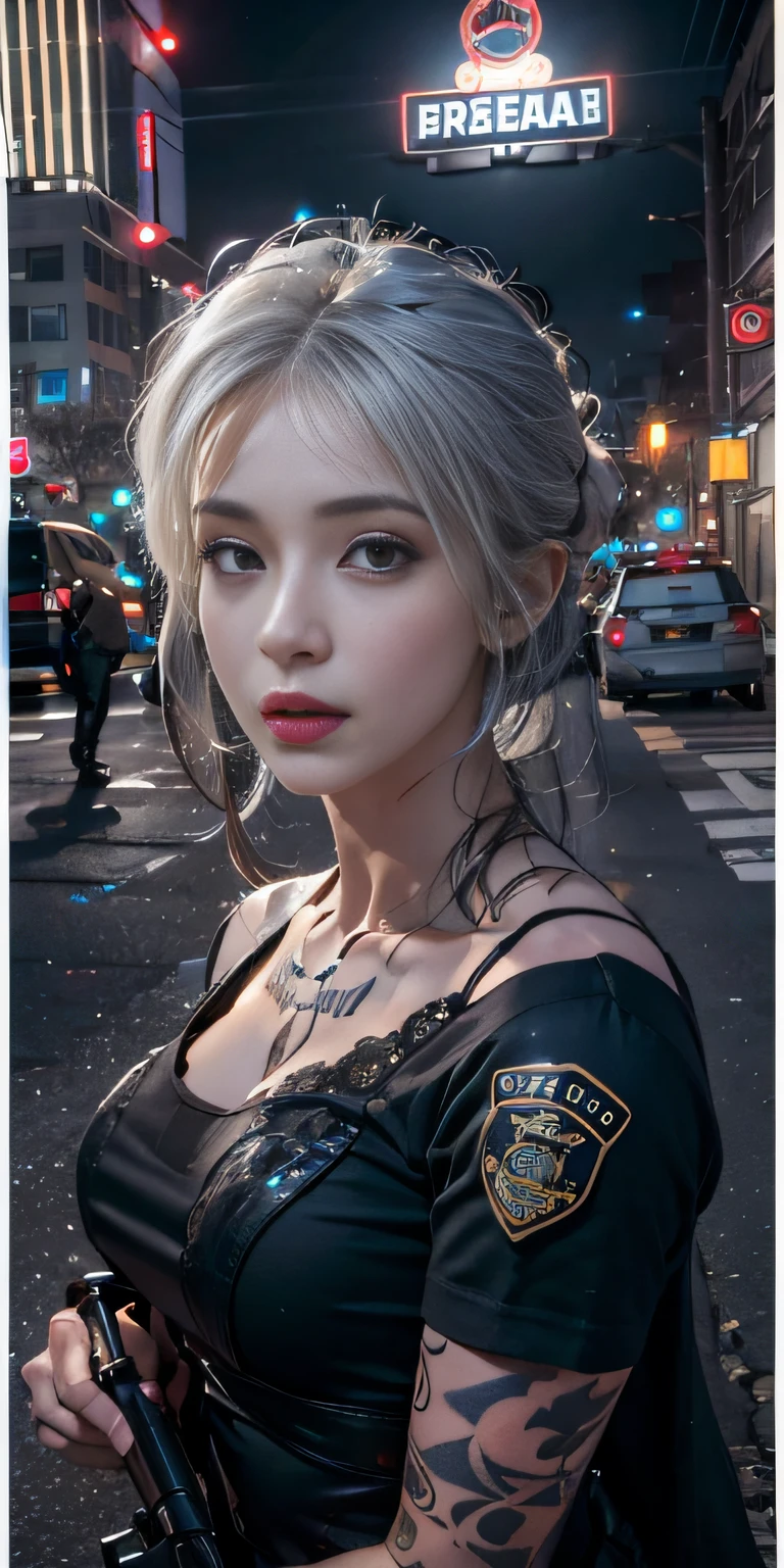 Photorealistic, high resolution, Soft light,1womanl, Solo, Hips up, (Detailed face),tattoo, jewelry, Night City, Police uniform, White hair