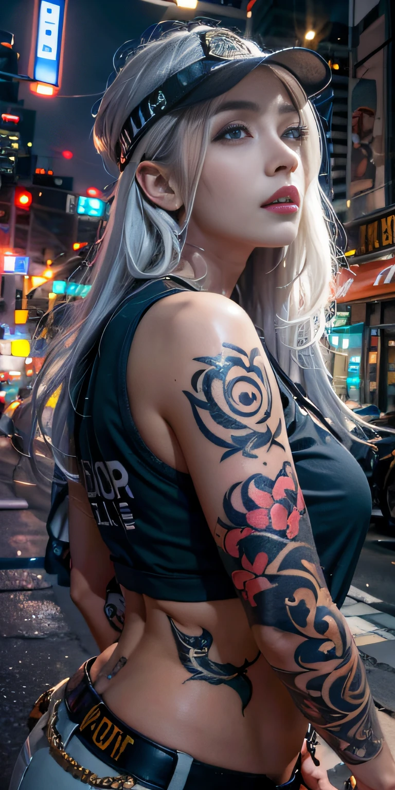 Photorealistic, high resolution, Soft light,1womanl, Solo, Hips up, (Detailed face),tattoo, jewelry, Night City, Police uniform, White hair