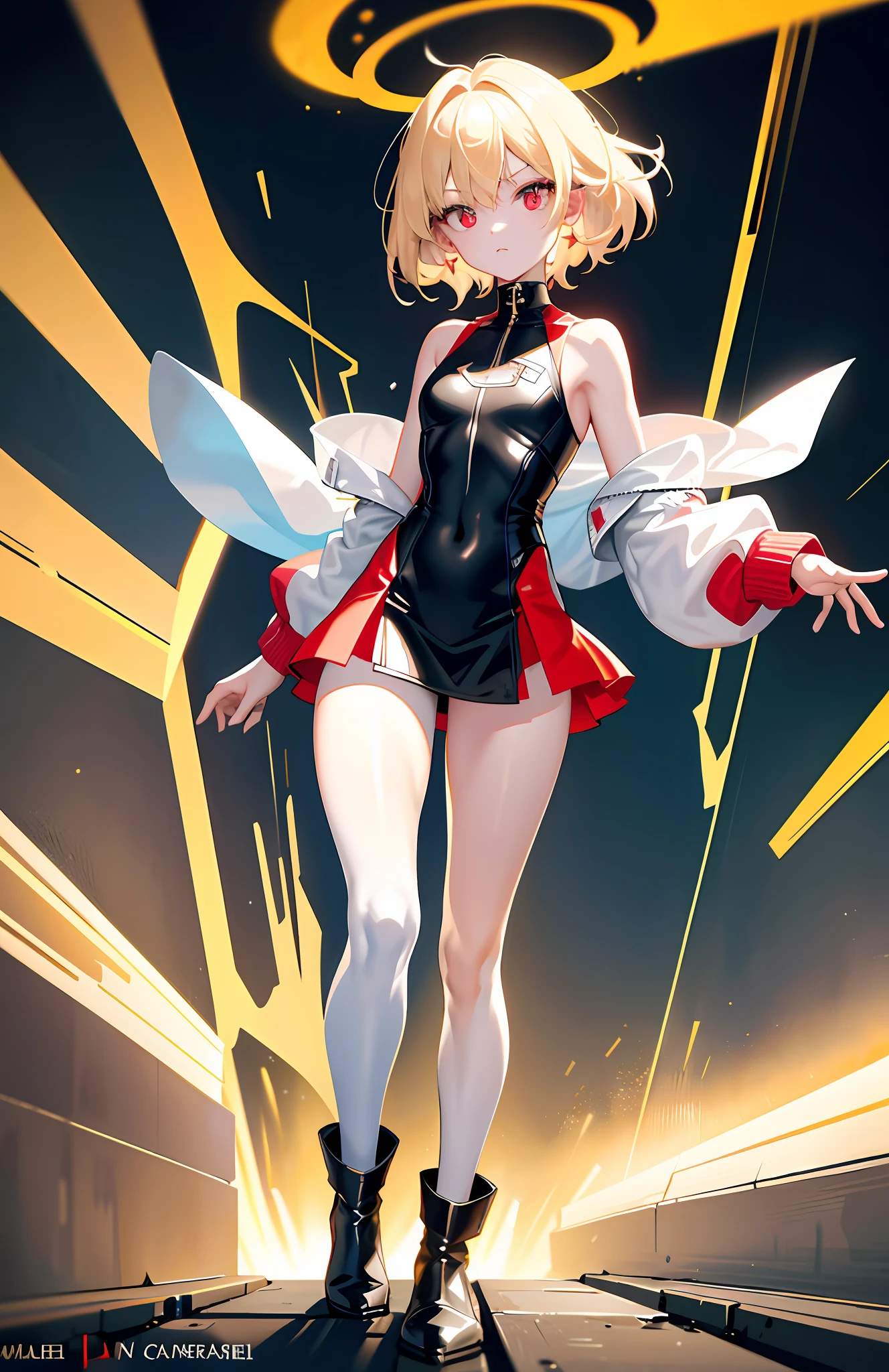 short hair, white hair with a red stripe, cinematic, HD, detailed, dynamic, striking, Awesome, 1girl, fullbody, splashart, medium breasts, medium rear, medium , medium ass.