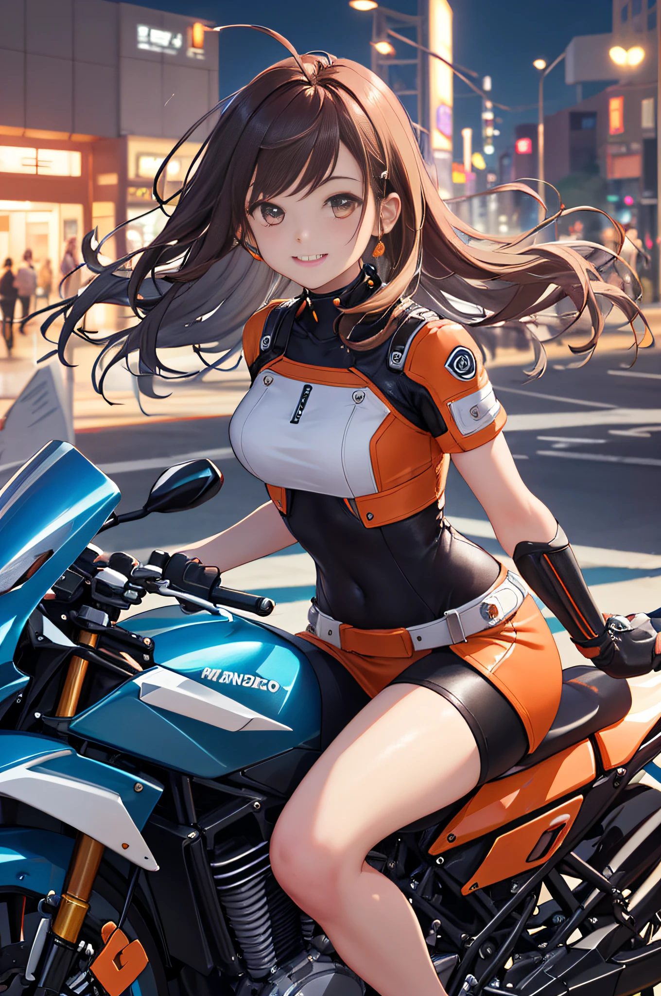 Highest quality, outstanding details, super high resolution, (fidelity: 1.4), the best illustration, favor details, highly condensed 1girl, with a delicate and beautiful face, dressed in mecha, wearing a mecha helmet, holding a direction controller, riding on a motorcycle, the background is a high-tech lighting scene of the future city, stockings, fishnet socks