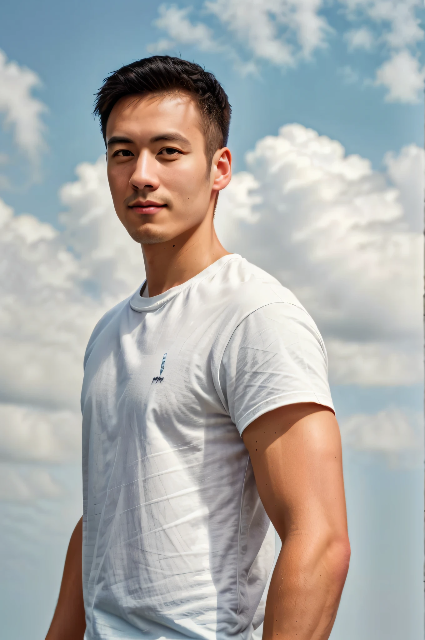 1man，A 30-year-old male，Wear casual clothes，Show your upper body，The background is blue sky and faint white clouds，gentlesoftlighting，tmasterpiece，best qualtiy，8k uhd，digital SLR camera，filmgrain，Fujifilm XT3 Realistic painting art，Written by Midjourney and Greg Rutkowski