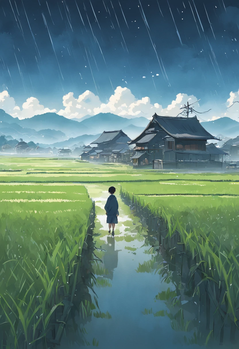 There was a man walking through a rice field，In the background is a cottage，There are rice paddies，Rice fields，There are neat rice seedlings in the field，Foggy rain，villages，lavoura，in a serene landscape，Foggy weather，In the midst of vast tranquil landscapes，in the early morning，In the morning fog，behind a tiny village，thin fog，countryside in japan，thatched roof、starrysky、As estrelas