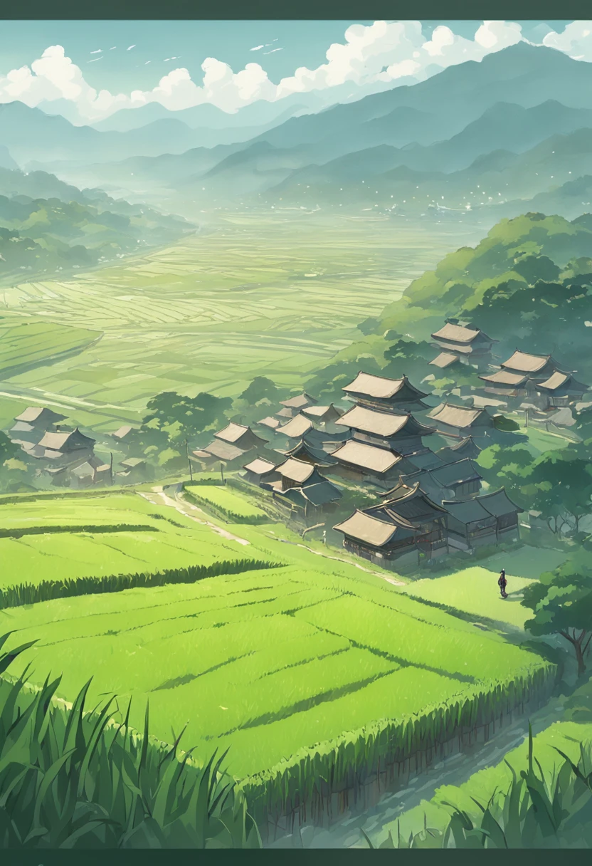 There was a man walking through a rice field,In the background is a cottage,There are rice paddies,Rice fields,There are neat rice seedlings in the field,Foggy rain,villages,lavoura,in a serene landscape,Foggy weather,In the midst of vast tranquil landscapes,in the early morning,In the morning fog,behind a tiny village,thin fog,countryside in japan,thatched roof、starrysky、As estrelas