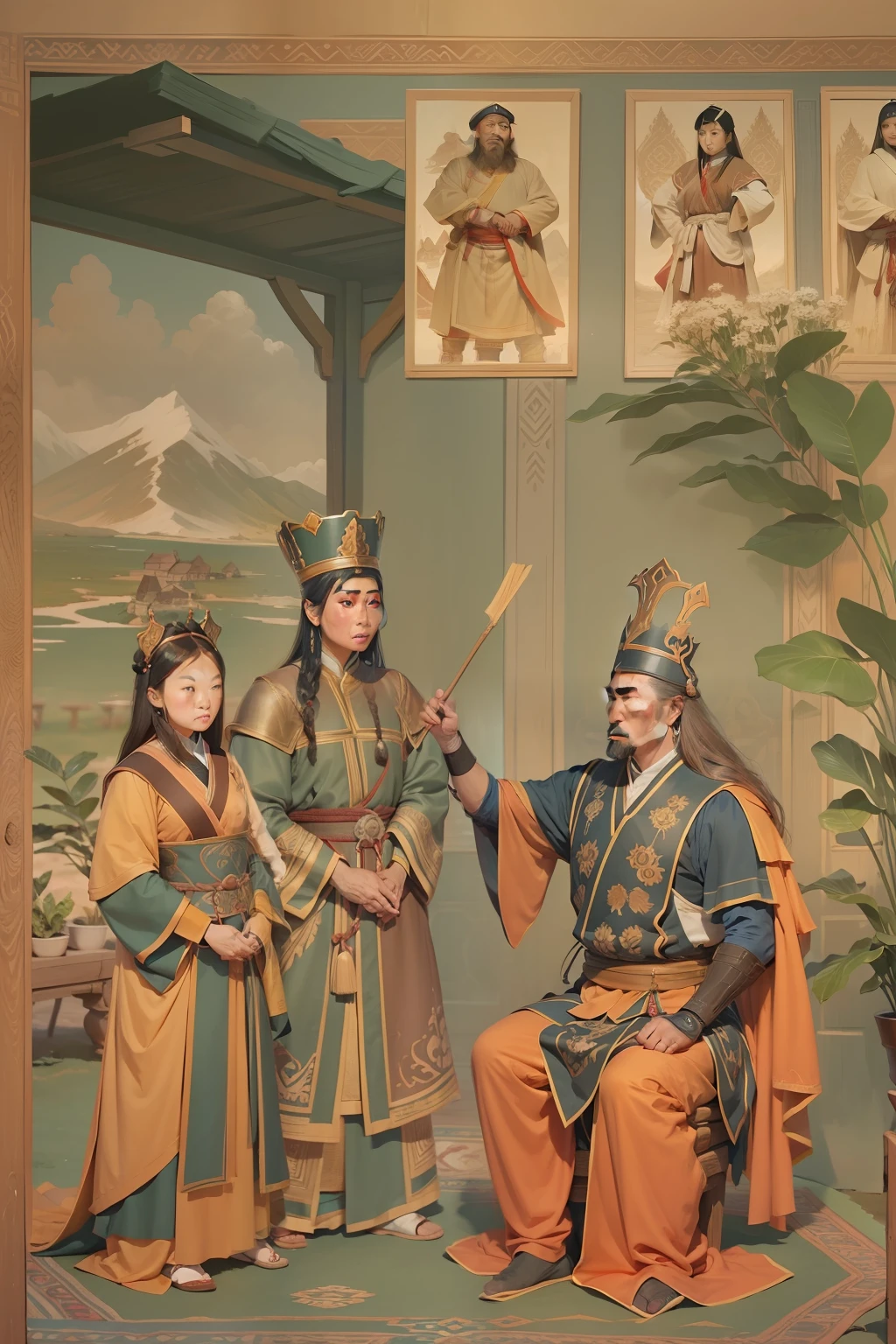 Generate an image depicting Genghis Khan and his daughters engaging in diplomatic discussions.