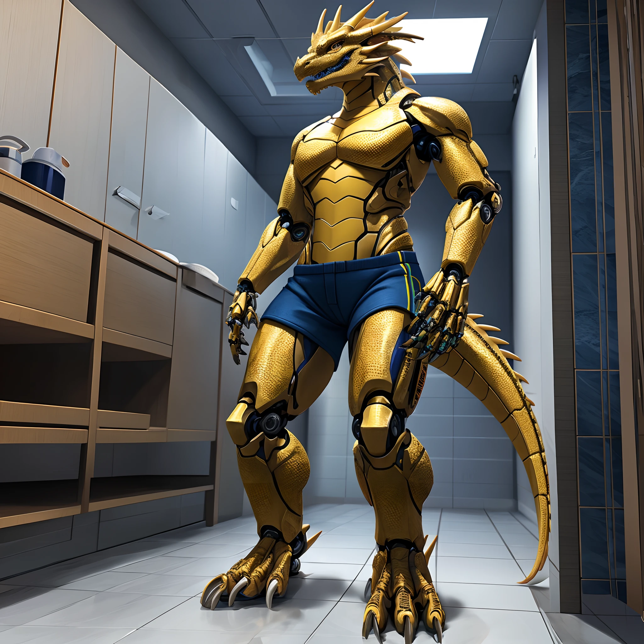 Bionic Mechanical Dragon,Golden Dragon,female,Humanoid,Wear blue shorts,Standing on the porcelain floor of the apartment。HD graphics,Detailed and realistic,high detal,high qulity
