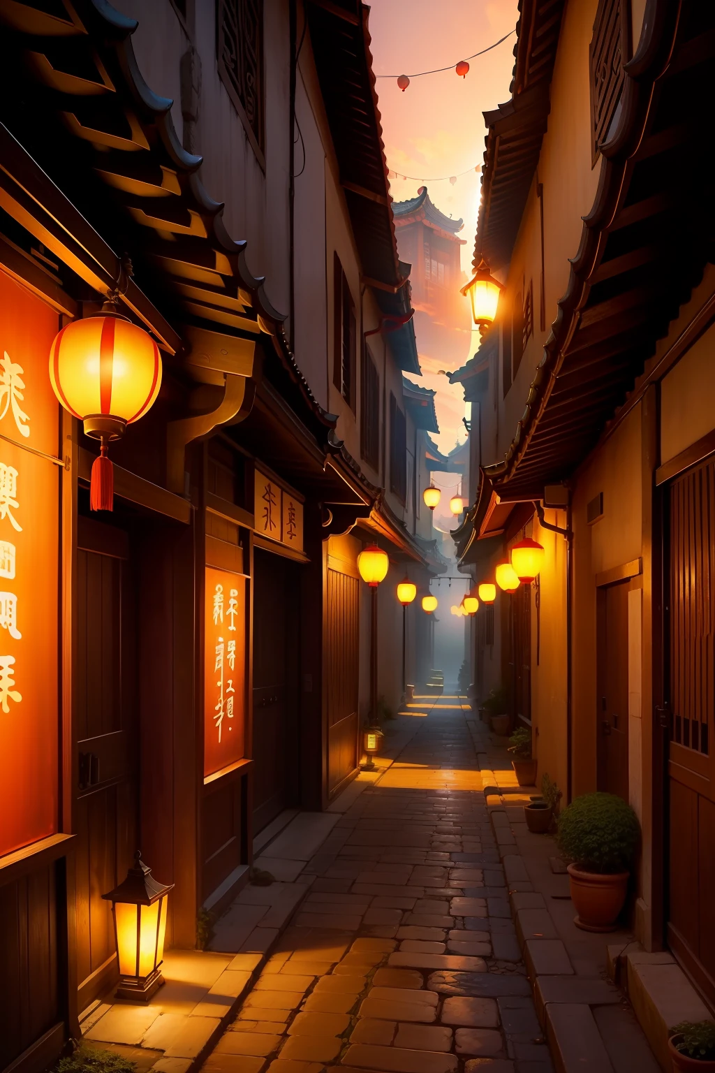 PC Wallpapers，An ancient Chinese alley illuminates the afterglow of the sun